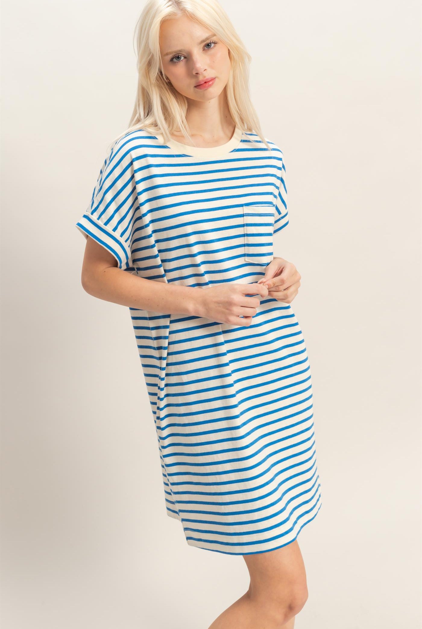 Wholesale Striped T-Shirt Mini Dress Dresses DZ26C067 BLUE DOUBLE ZERO