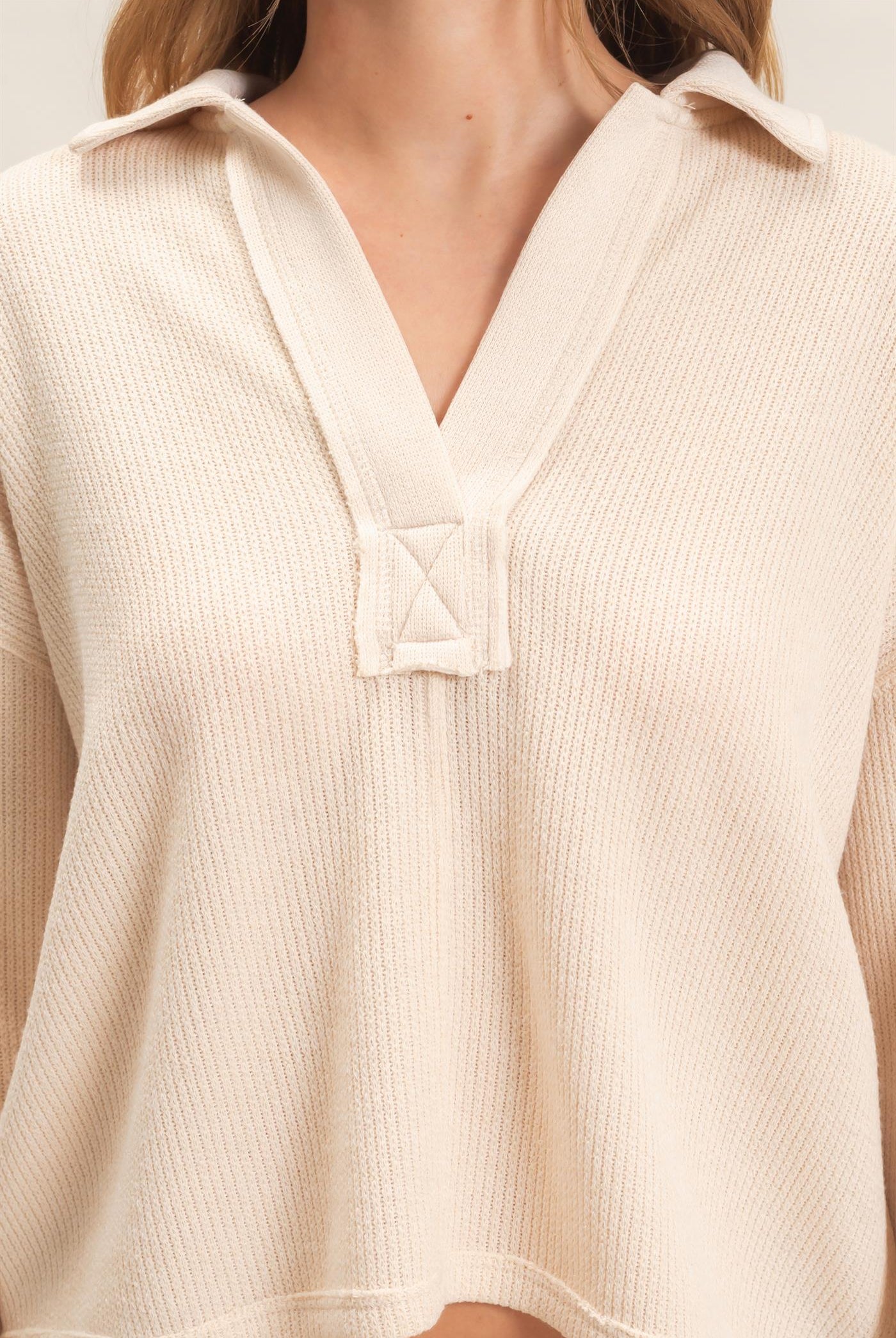 Wholesale Ribbed Collared Pullover Top Clothing Tops HF26E472 CREAM HYFVE