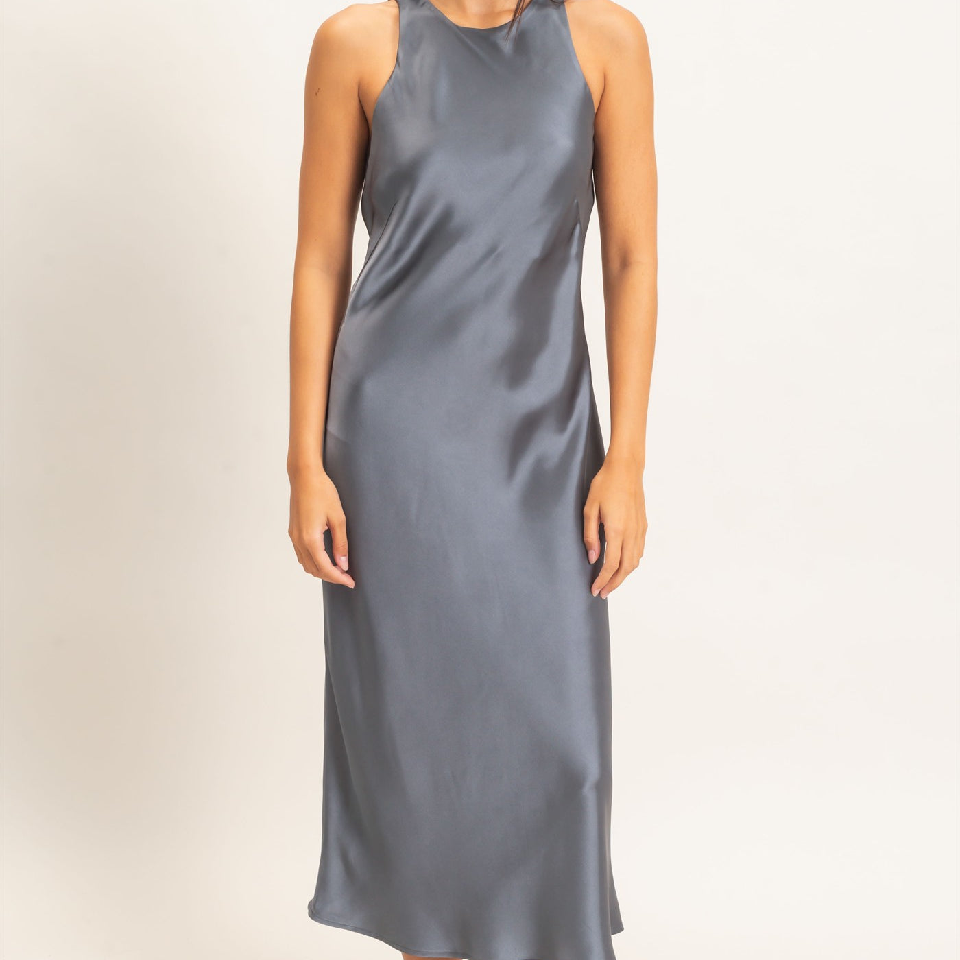 Wholesale Sleeveless Satin Midi Dress Dresses DZ26E257 DARK GRAY DOUBLE ZERO