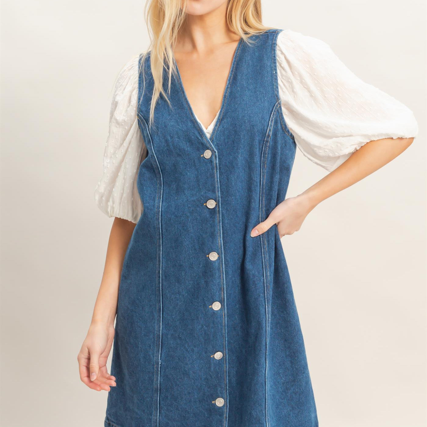 Wholesale V-Neck Button-Front Denim Dress Dresses HF26A273-D DARK DENIM HYFVE