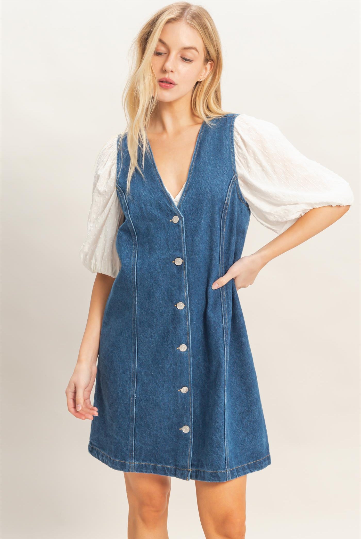 Wholesale V-Neck Button-Front Denim Dress Dresses HF26A273-D DARK DENIM HYFVE