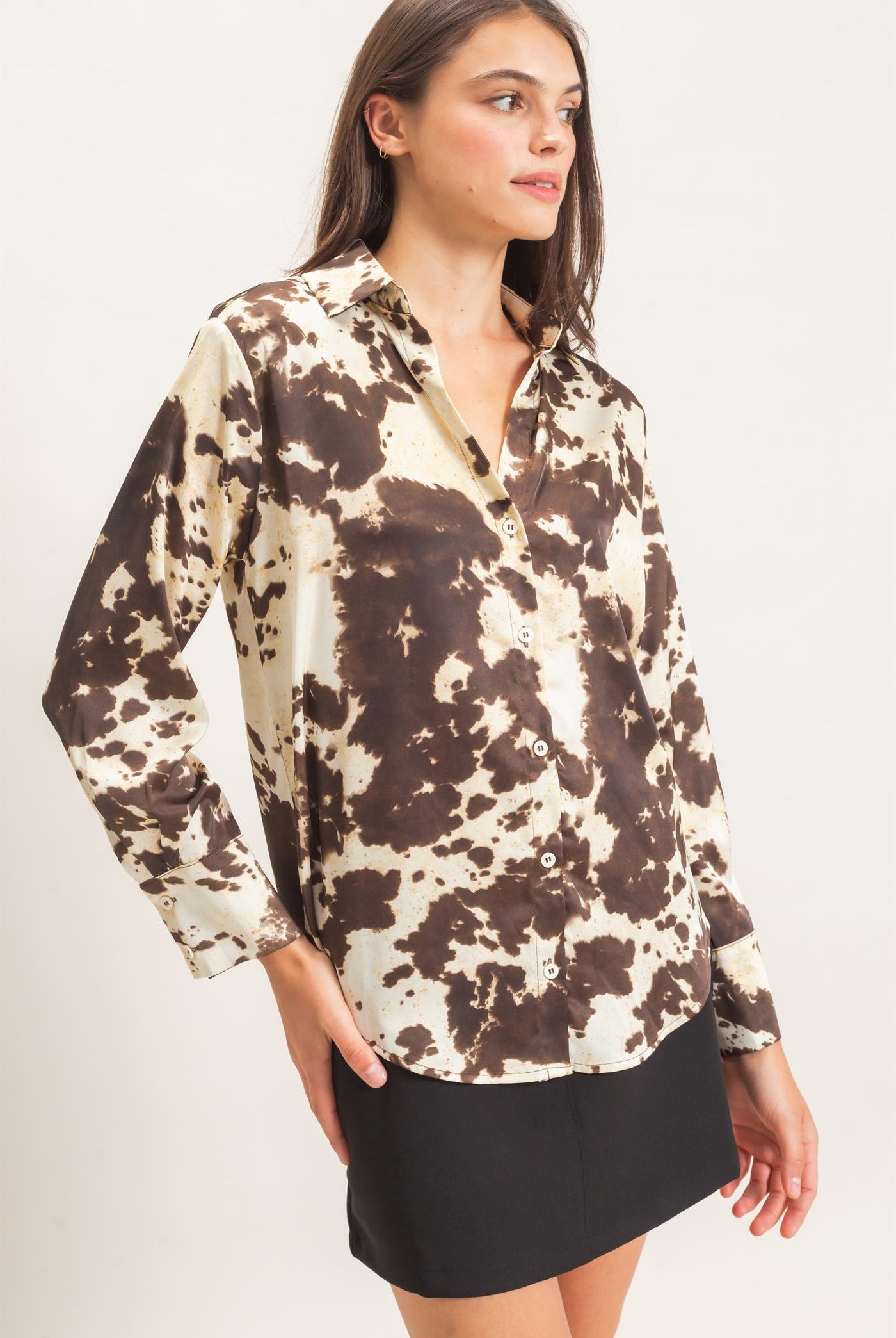 Wholesale Satin Cow Print Button-Up Shirt Clothing Tops HF26E554 BROWN HYFVE