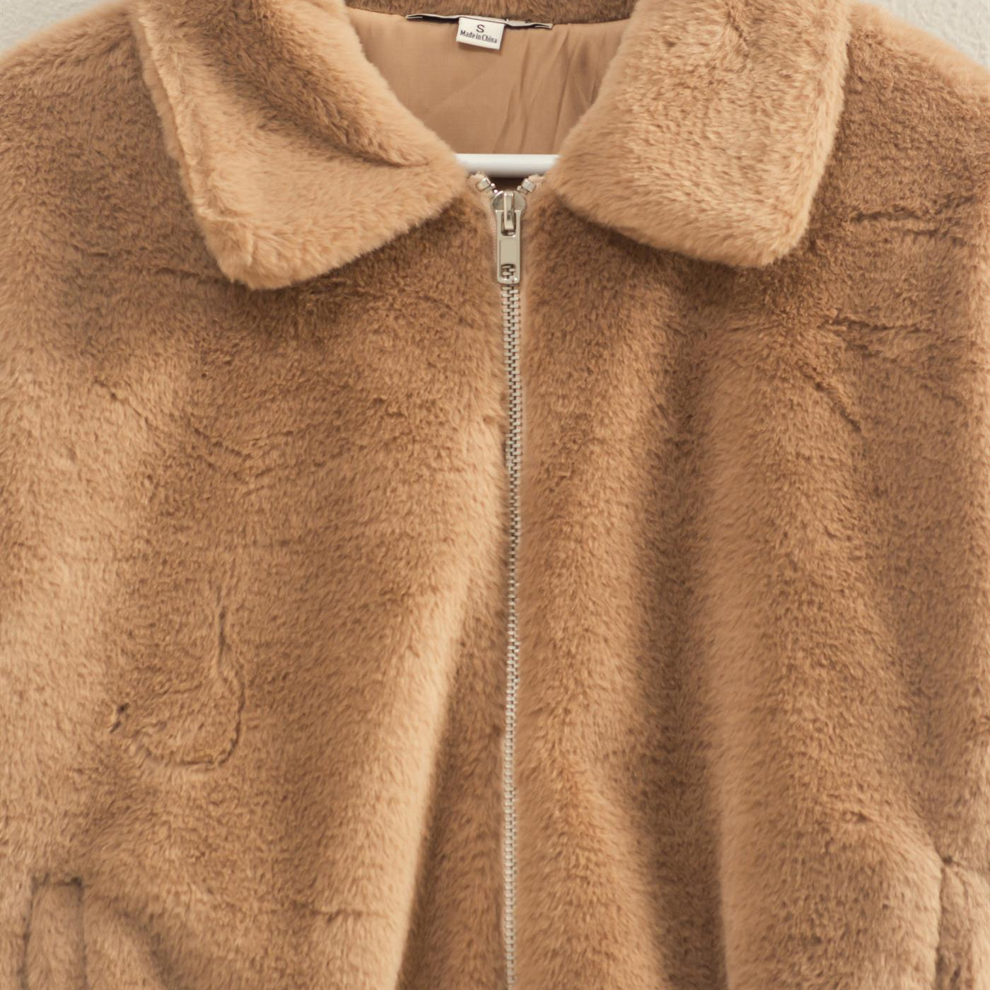 Wholesale Faux Fur Zip Up Jacket With Plush Collar Coats & Jackets HF25E940 MOCHA HYFVE