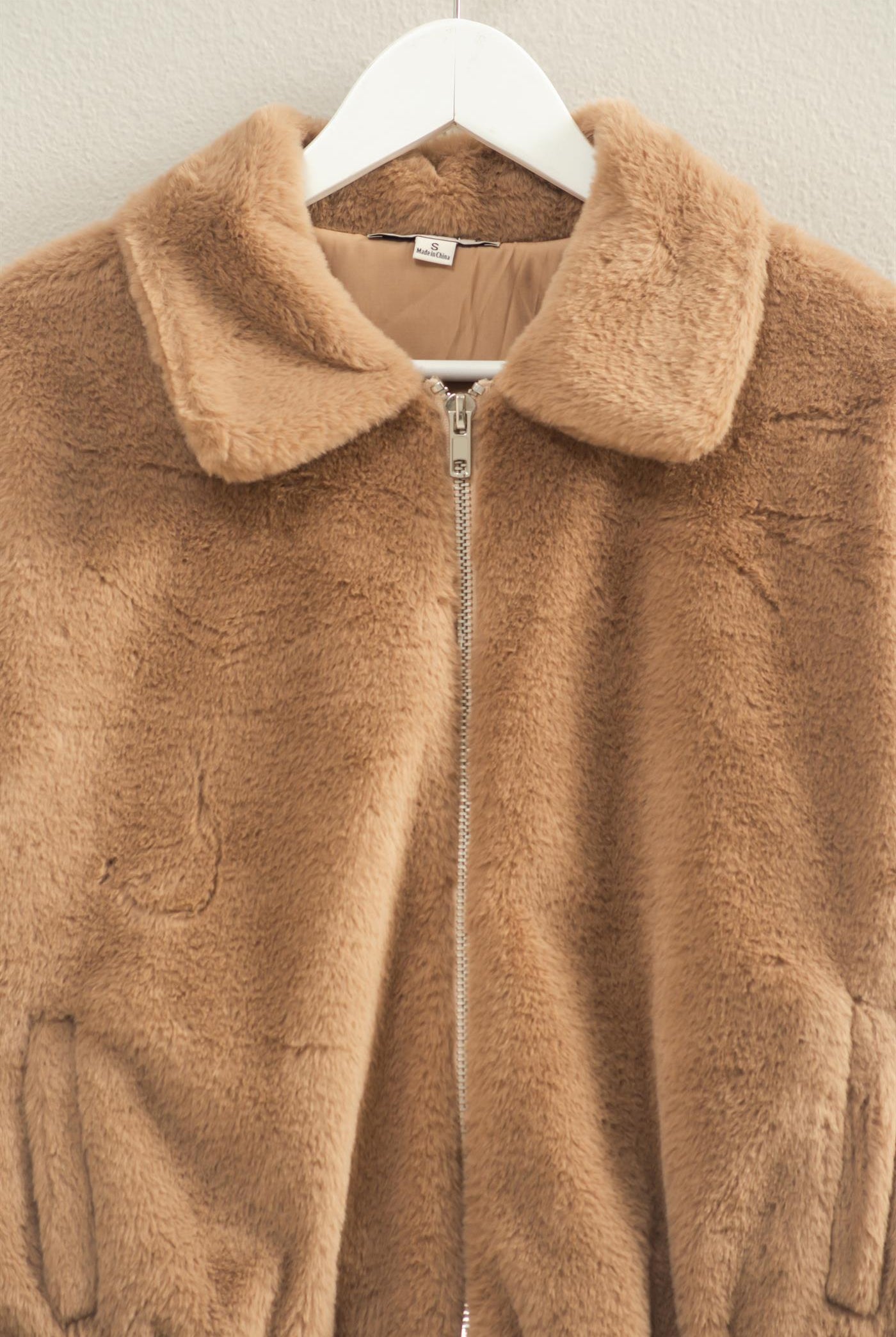 Wholesale Faux Fur Zip Up Jacket With Plush Collar Coats & Jackets HF25E940 MOCHA HYFVE