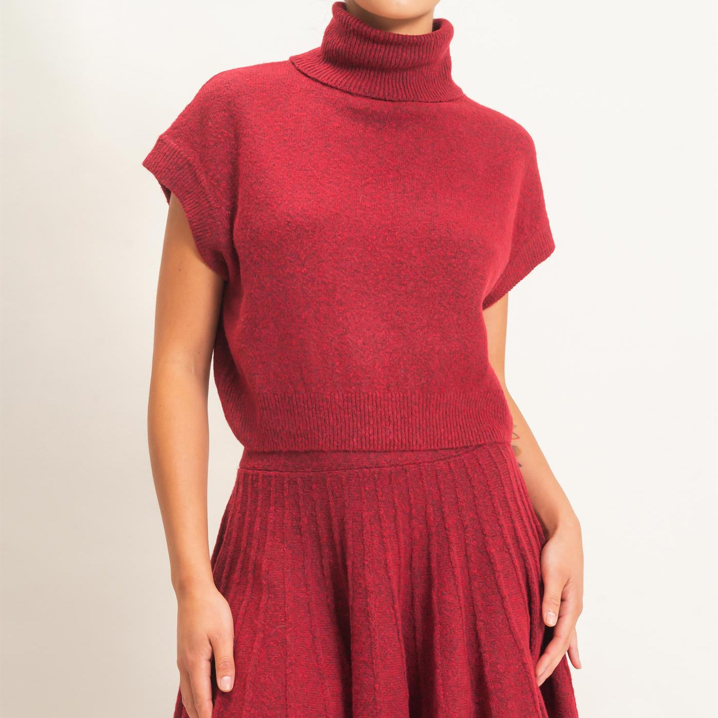 Wholesale Turtleneck Crop Top And Pleated Skirt Set Clothing DZ26C981-SET DARK RED DOUBLE ZERO