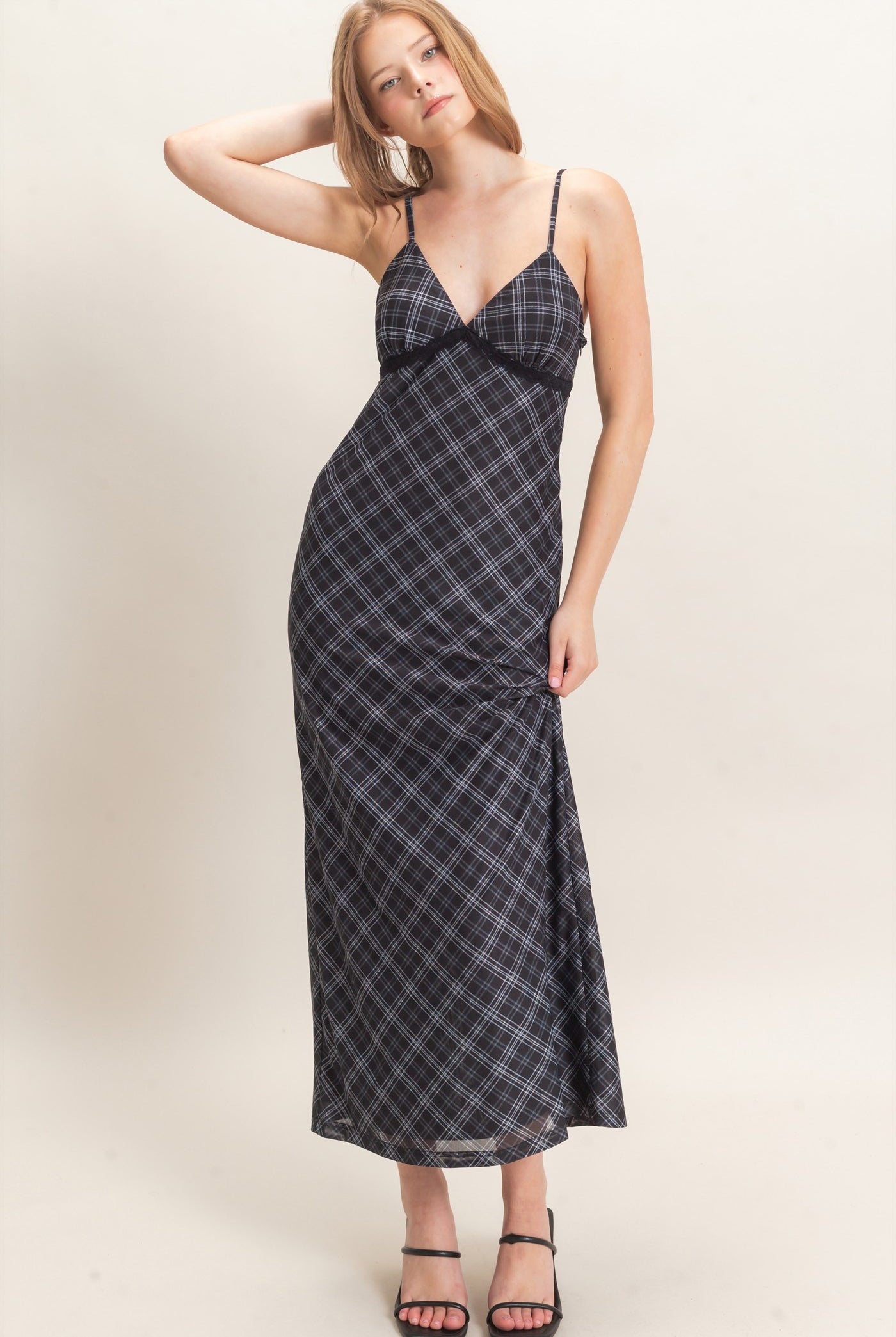 Wholesale Plaid Spaghetti Strap Midi Dress Dresses HF26E709 BLACK HYFVE
