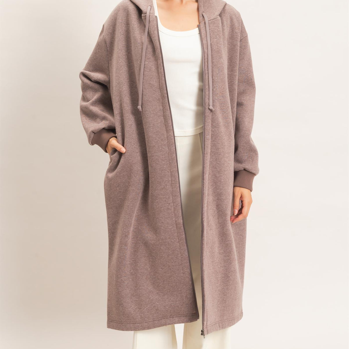 Wholesale Oversized Longline Zip-Up Hoodie Jacket Outerwear HF26E650 WALNUT HYFVE