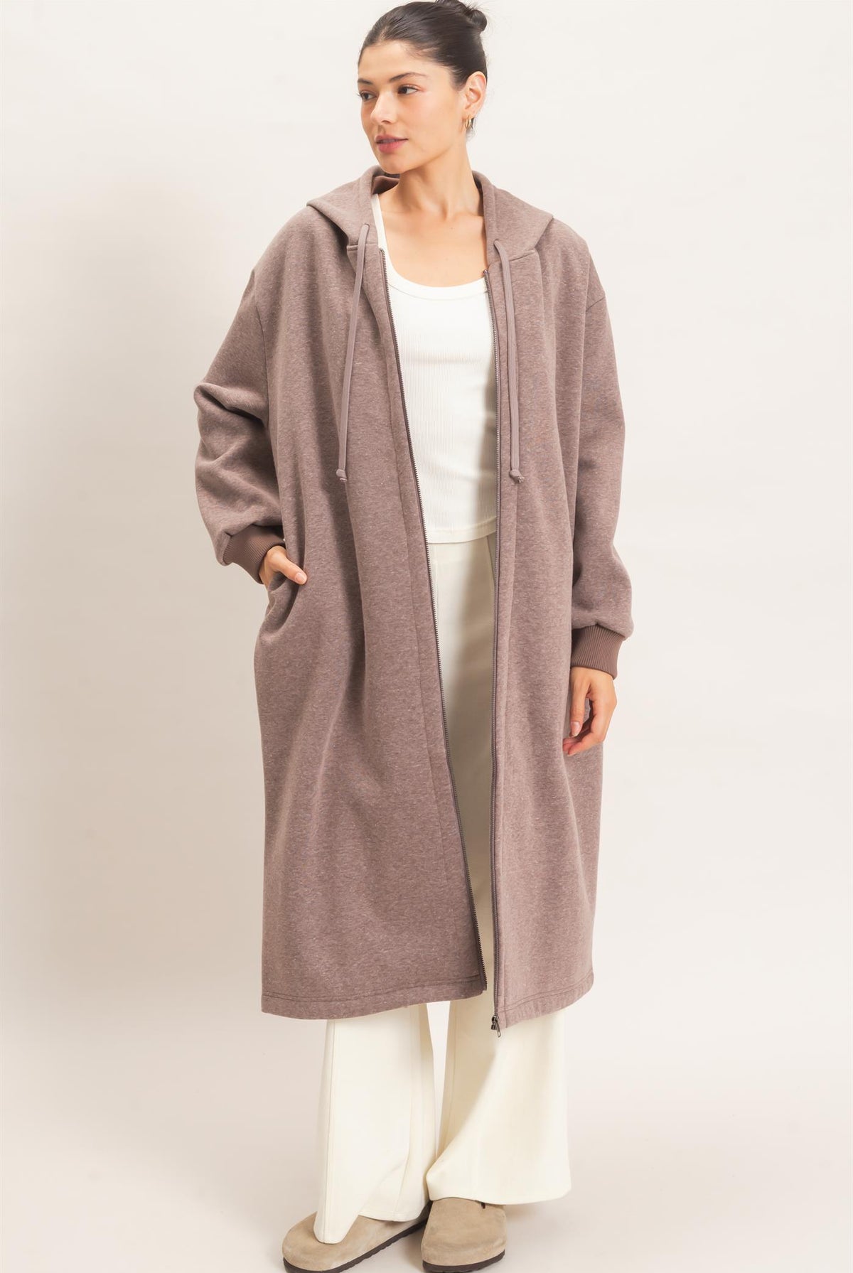Wholesale Oversized Longline Zip-Up Hoodie Jacket Outerwear HF26E650 WALNUT HYFVE