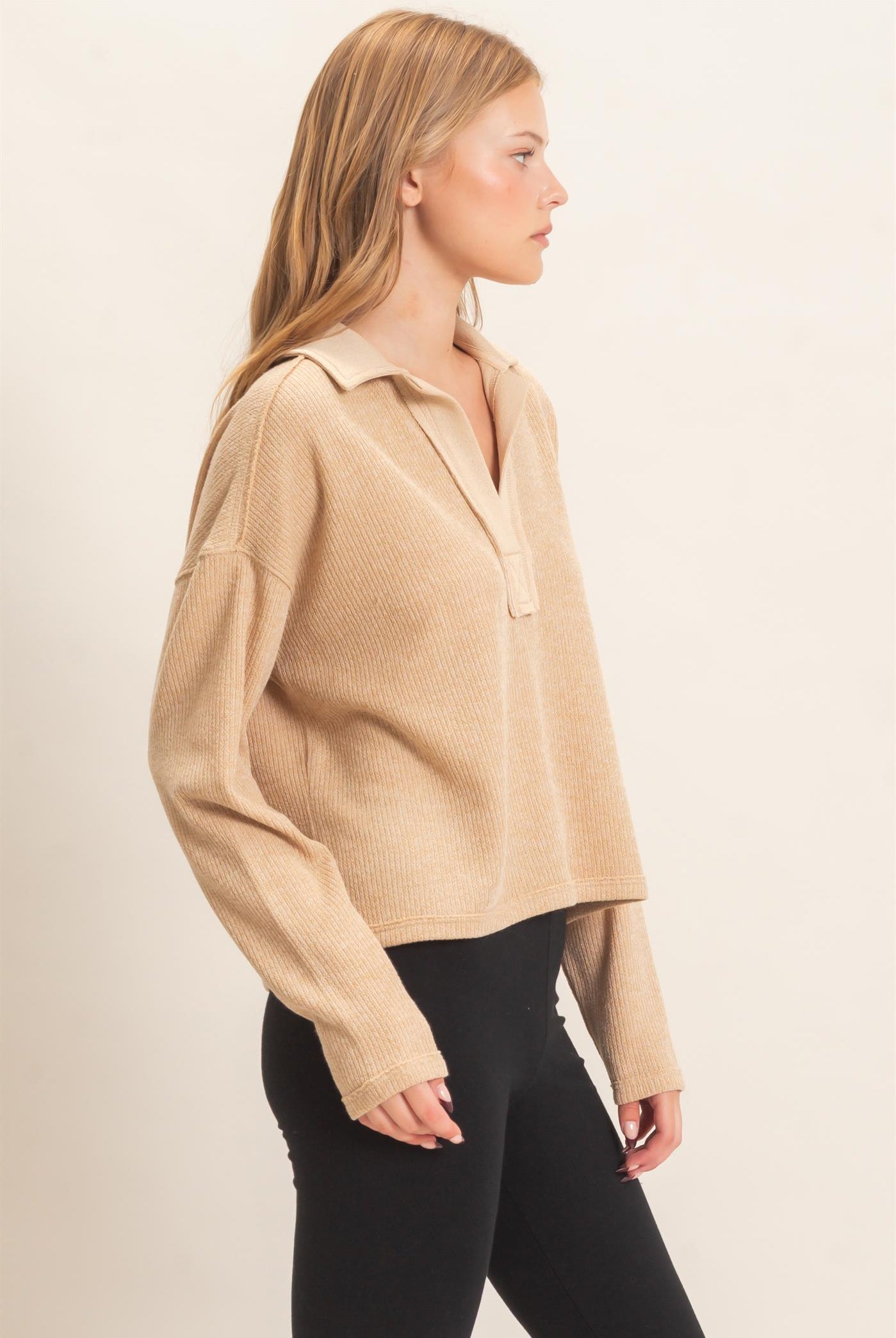 Wholesale Ribbed Collared Pullover Top Clothing Tops HF26E472 CAMEL HYFVE