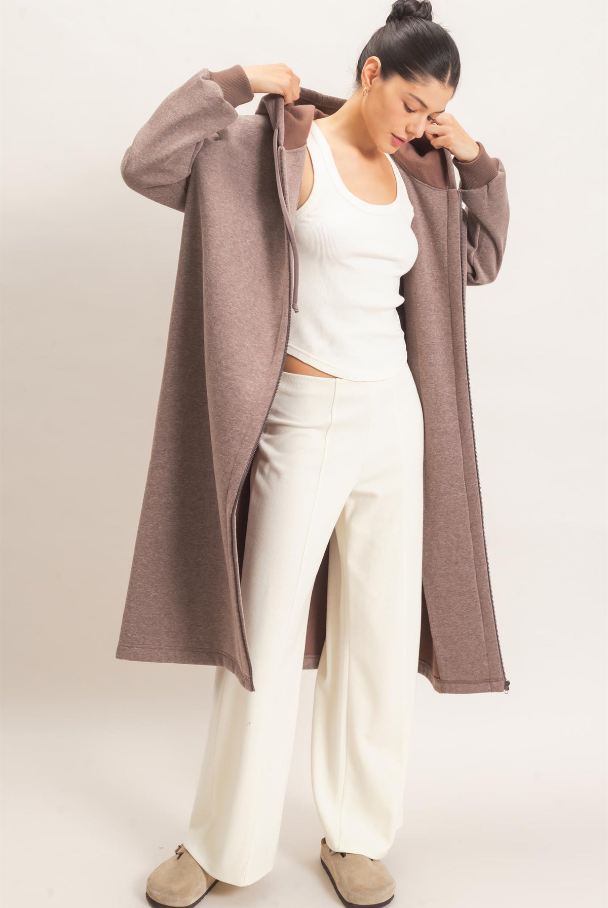 Wholesale Oversized Longline Zip-Up Hoodie Jacket Outerwear HF26E650 WALNUT HYFVE