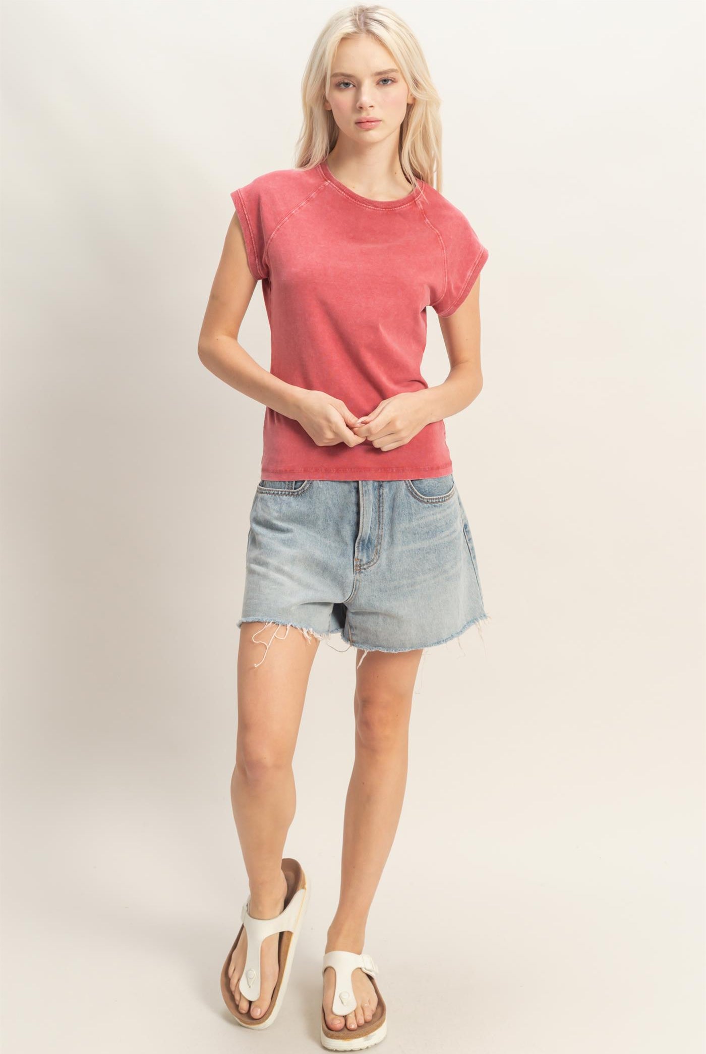 Wholesale Mineral Wash Raglan Short Sleeve Top T-Shirts DZ26A741 DARK RED DOUBLE ZERO