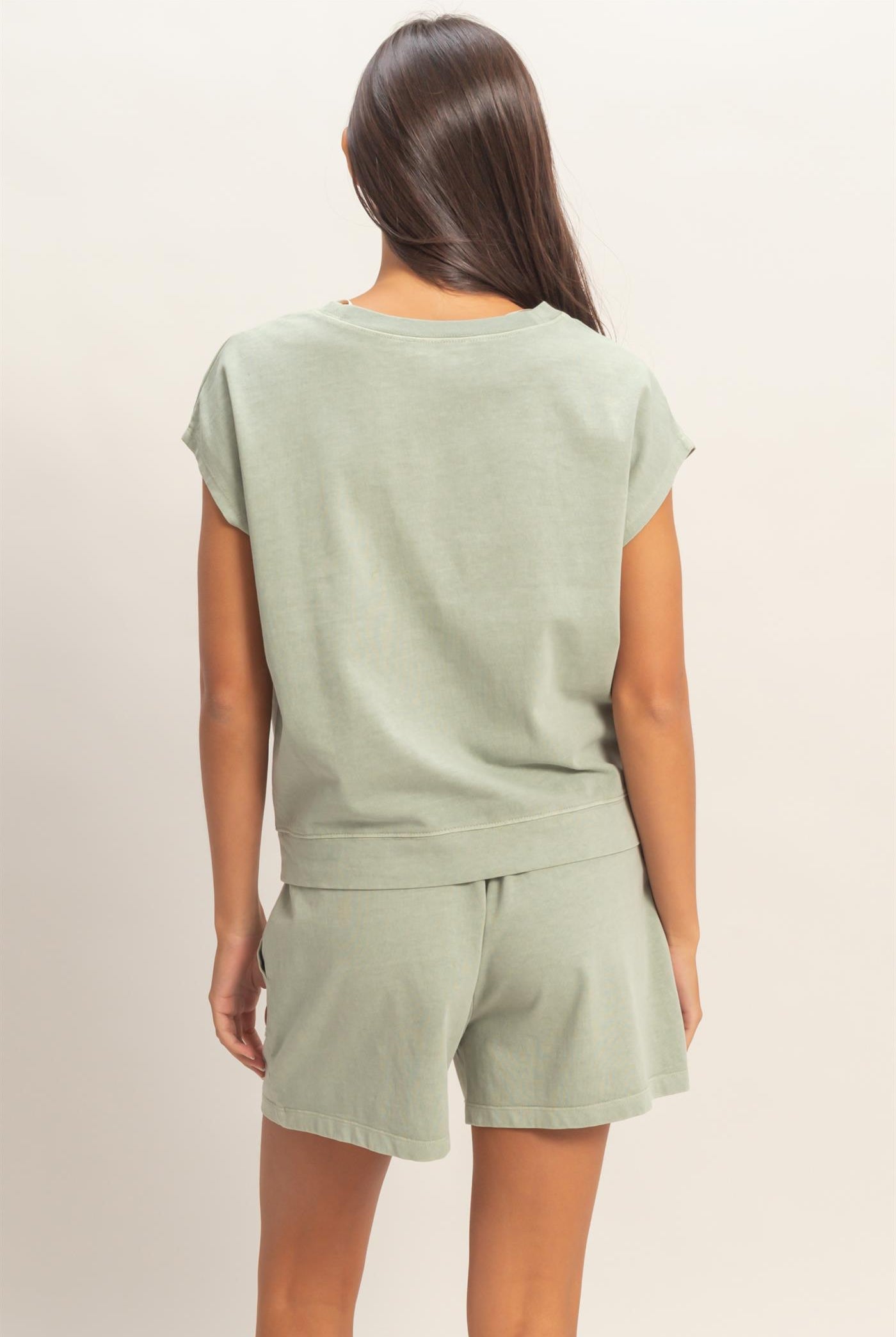 Wholesale Sleeveless Crew Neck Top and Shorts Set Clothing DZ26A028-SET SAGE GREEN DOUBLE ZERO