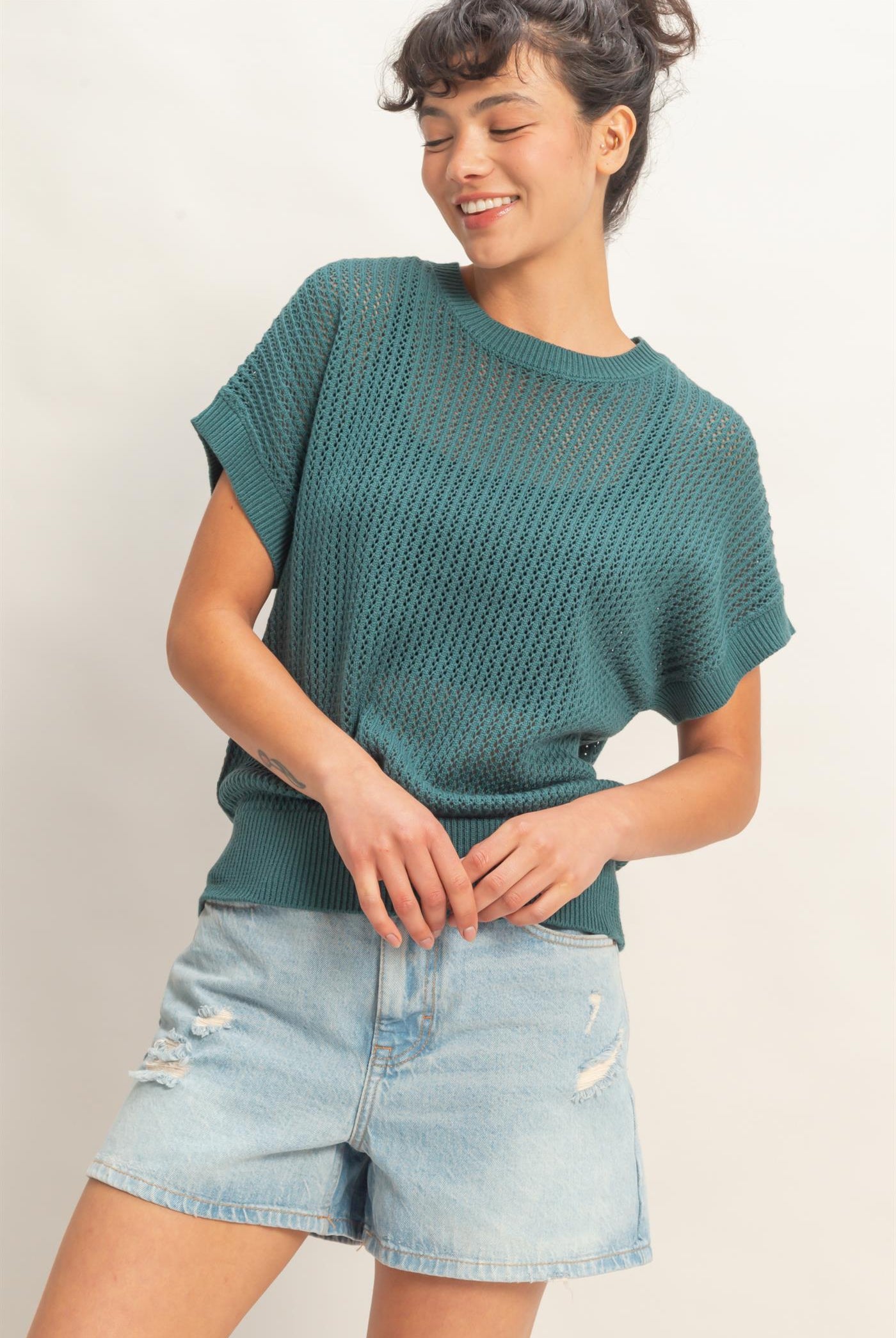 Wholesale Open-Knit Dolman Sleeve Top Clothing Tops DZ26A334 DARK TEAL DOUBLE ZERO
