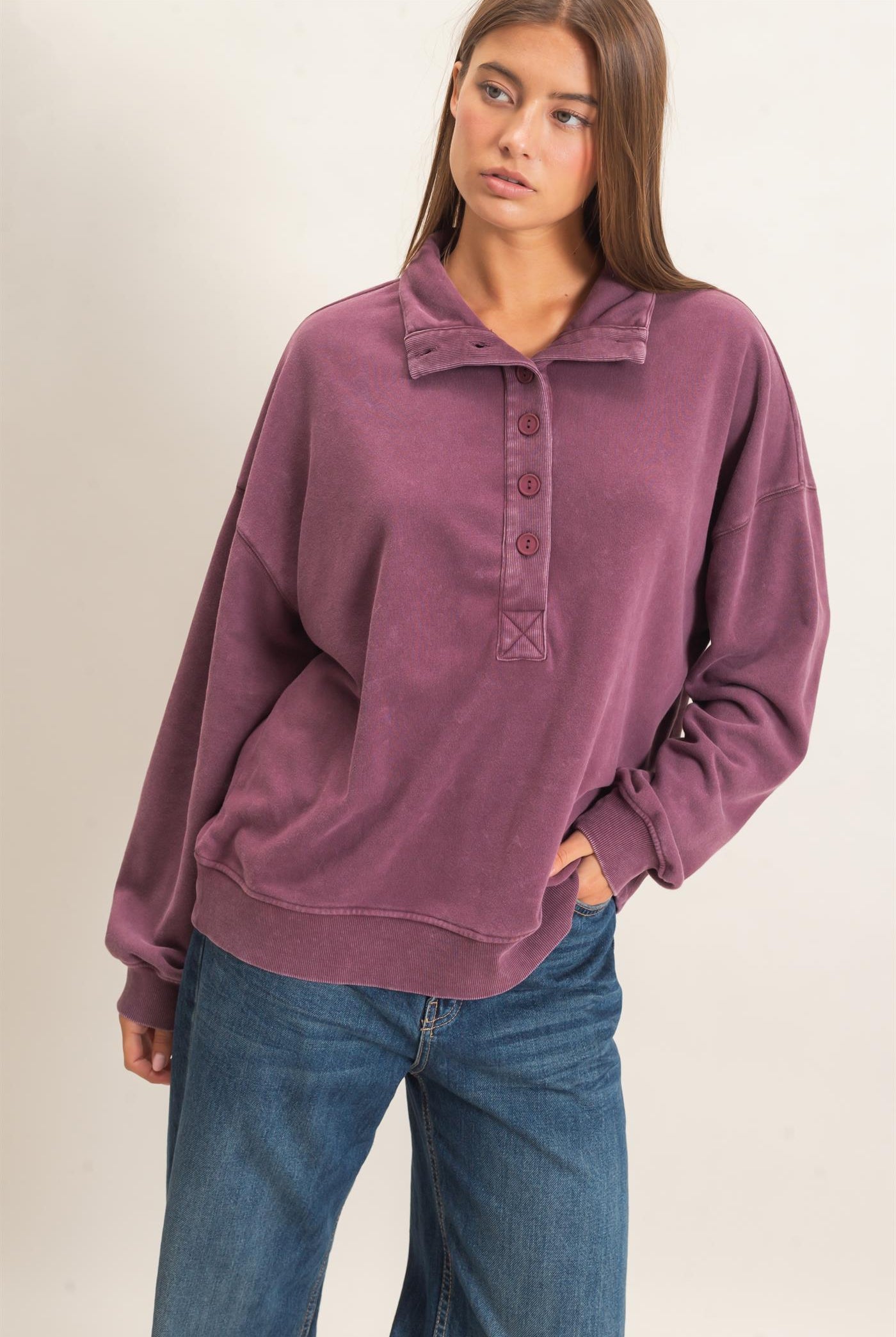 Wholesale Mineral Wash Button Front Sweatshirt Sweatshirts DZ26C909 DARK CHERRY DOUBLE ZERO