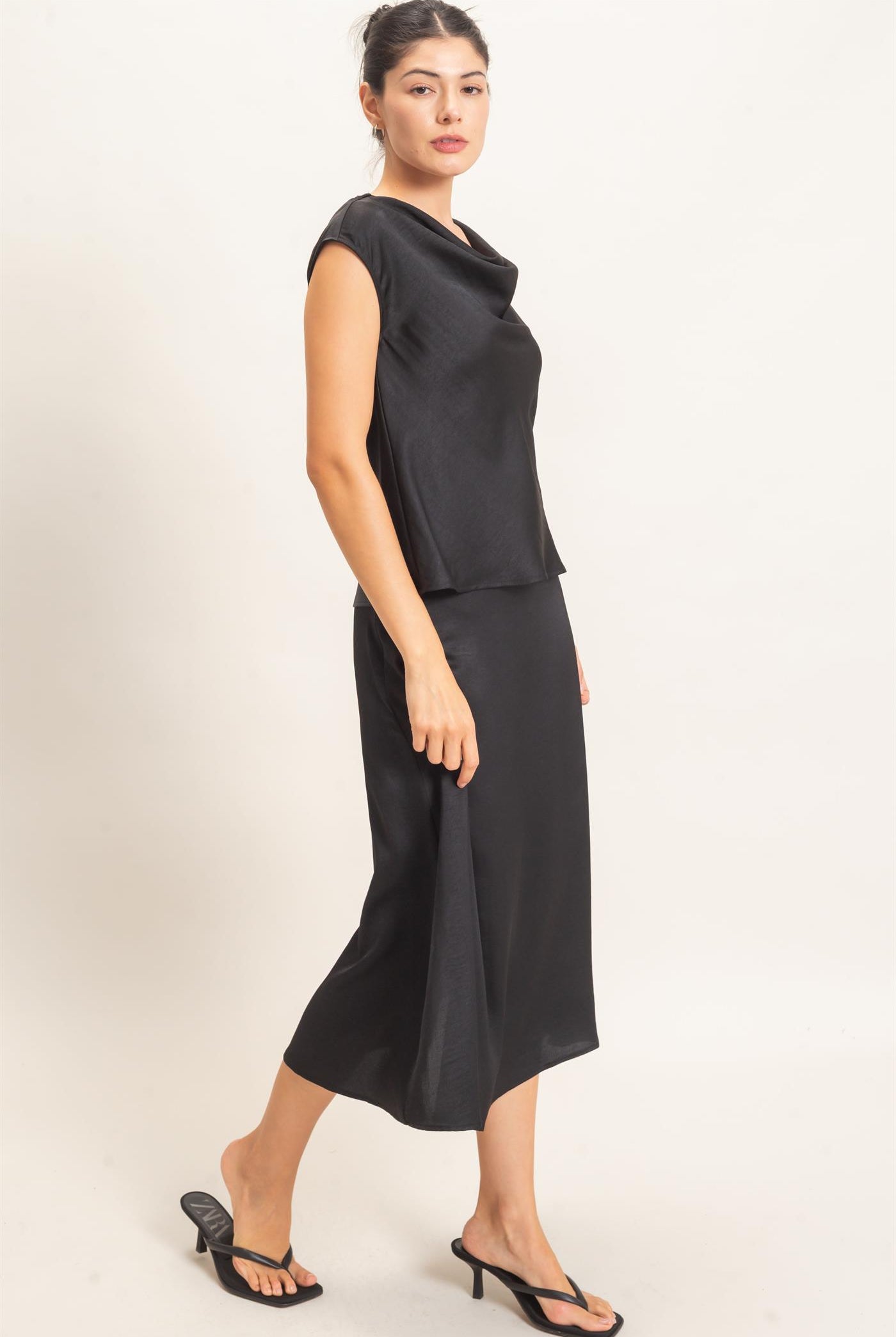 Wholesale Satin Cowl Neck Top And Skirt Set Clothing HF26C690-SET BLACK HYFVE