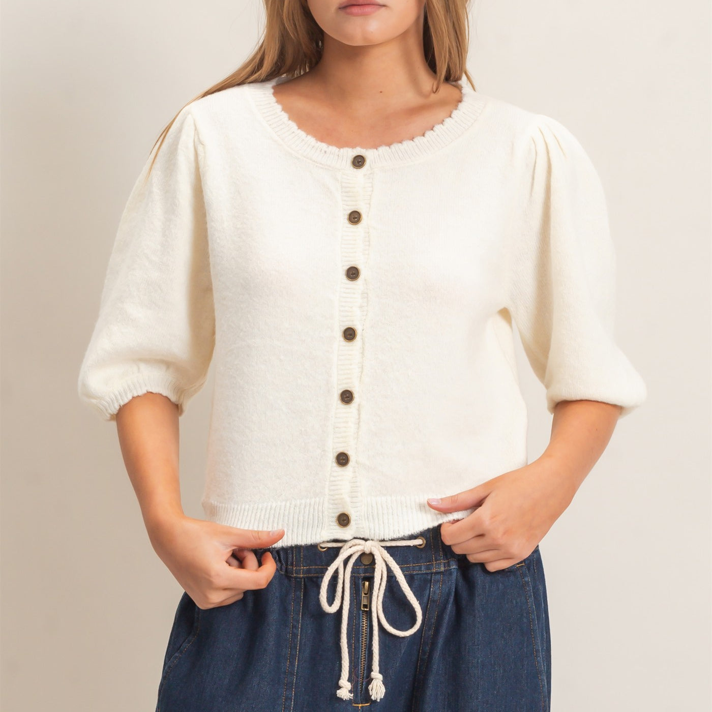 Wholesale Button-Up Puff Sleeve Sweater Cardigan Cardigans HF26E165 CREAM HYFVE