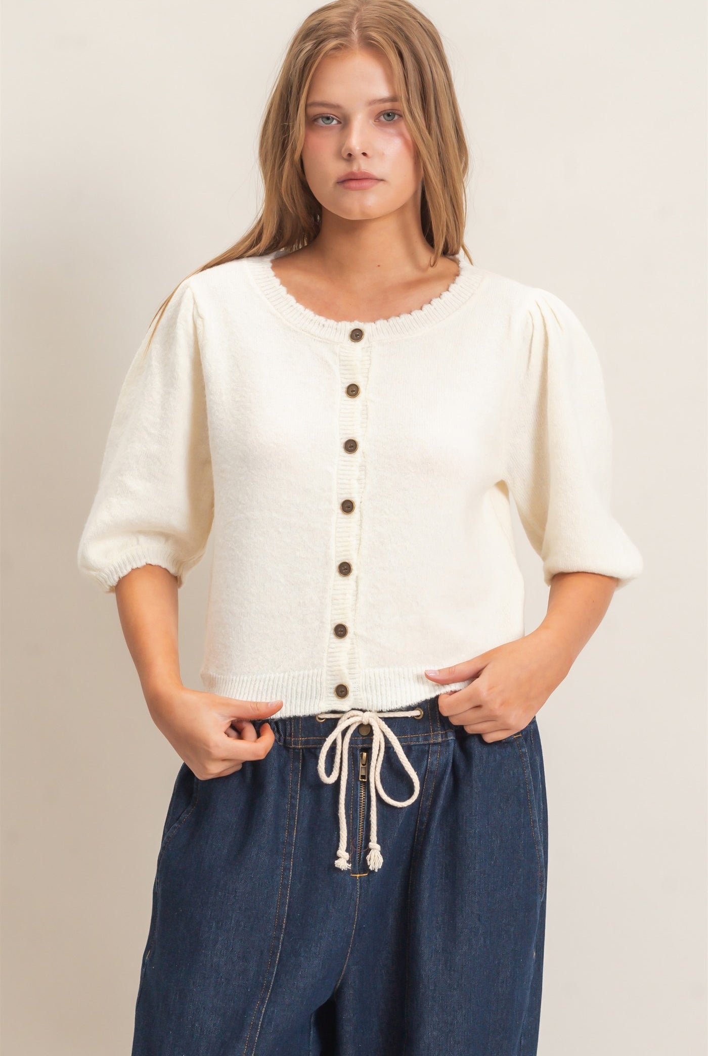 Wholesale Button-Up Puff Sleeve Sweater Cardigan Cardigans HF26E165 CREAM HYFVE