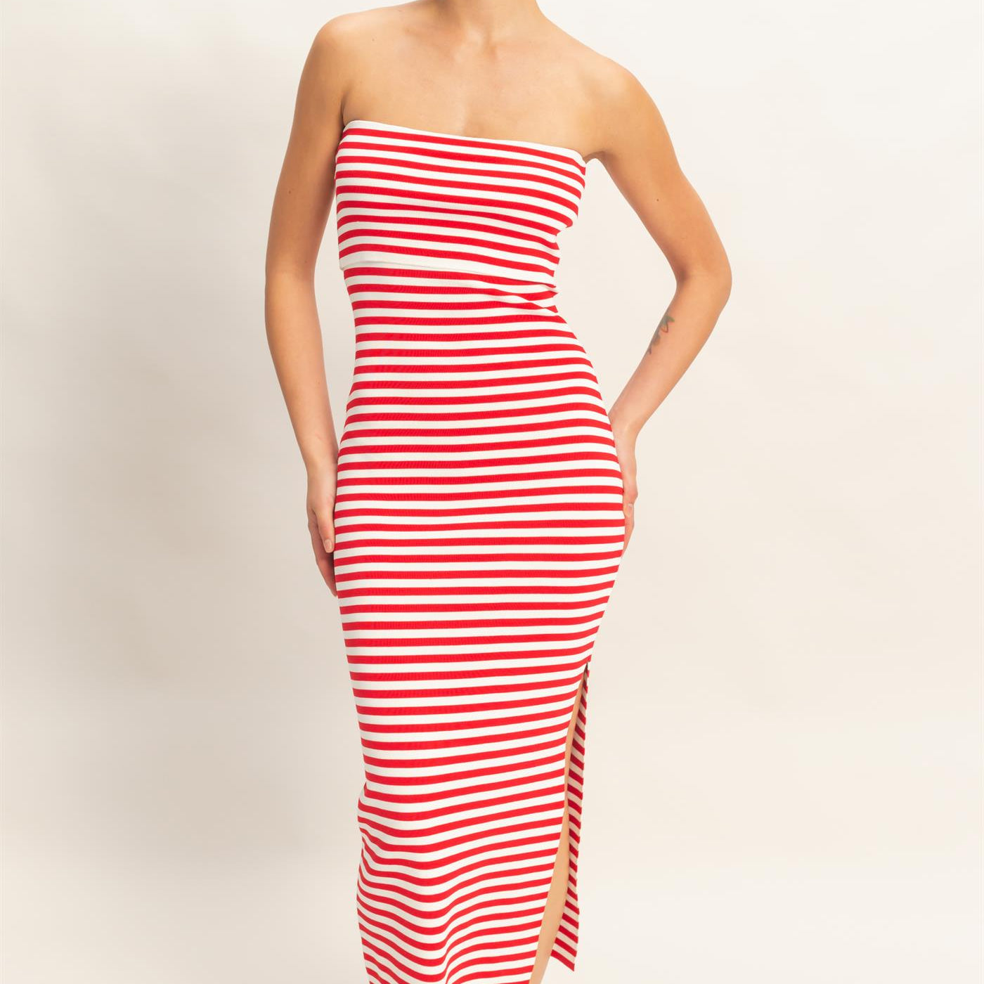 Wholesale Strapless Striped Bodycon Midi Dress Dresses DZ26C336 RED DOUBLE ZERO