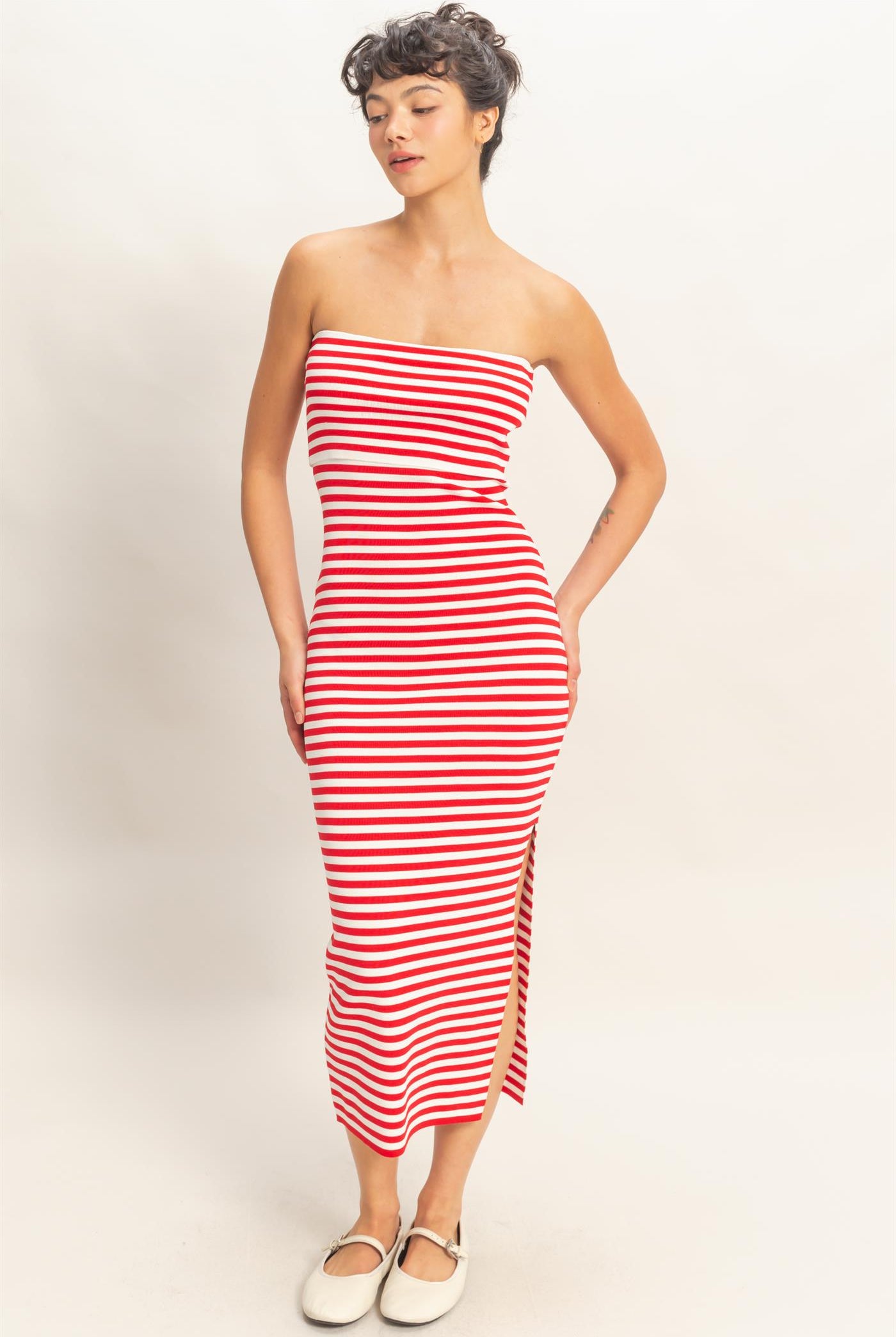 Wholesale Strapless Striped Bodycon Midi Dress Dresses DZ26C336 RED DOUBLE ZERO