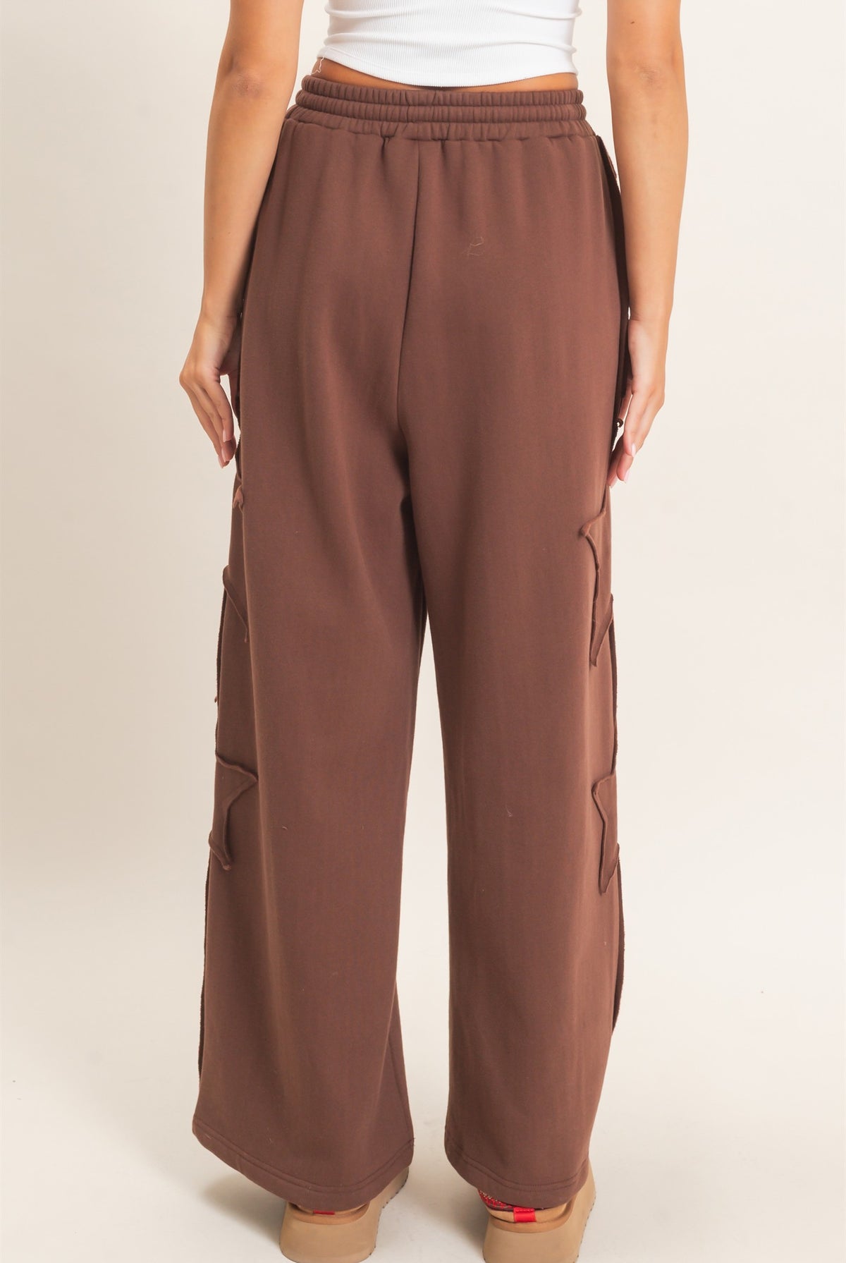Wholesale French Terry Star Patch Sweatpants Pants DZ27A197 DARK BROWN DOUBLE ZERO