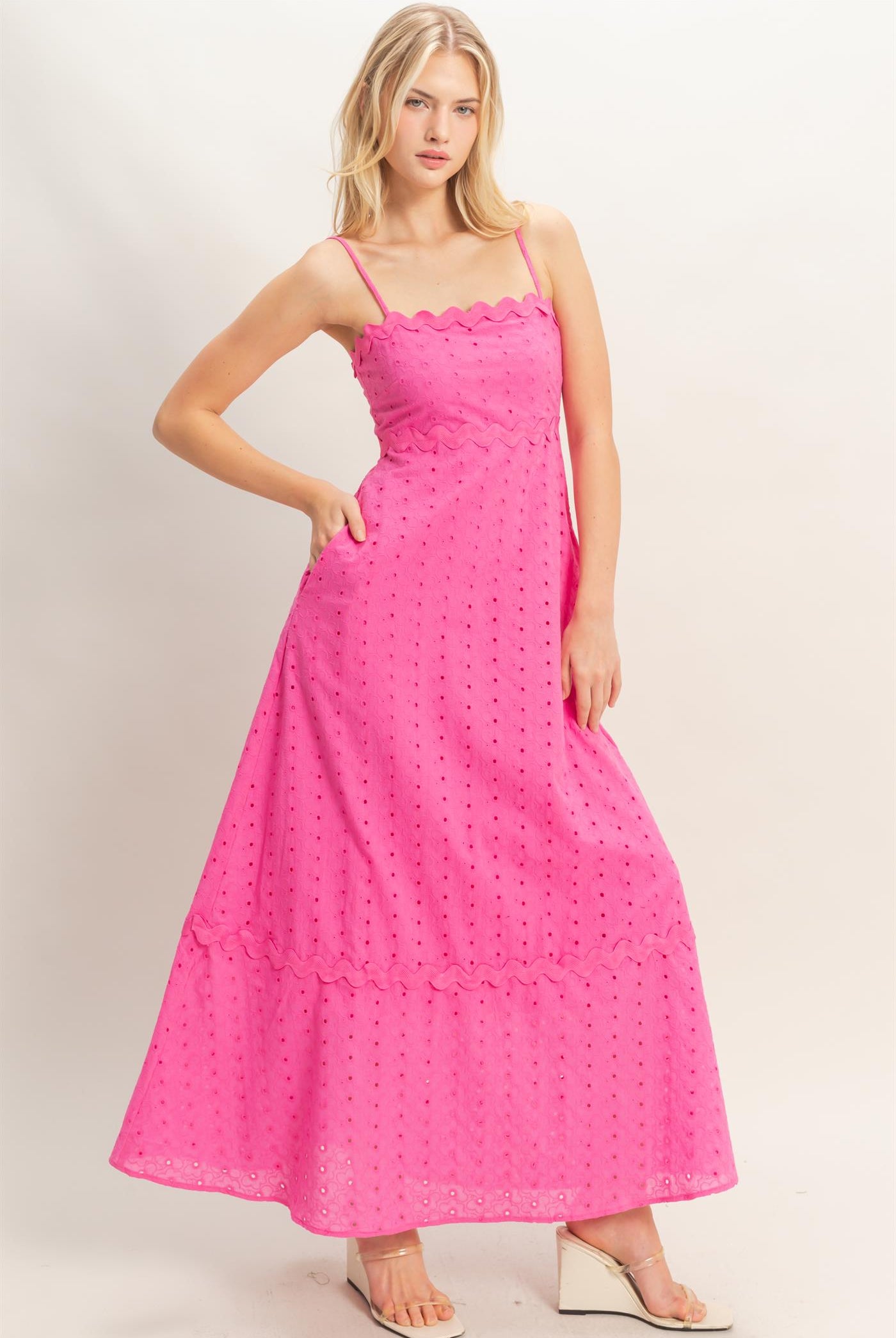 Wholesale Scallop Trim Eyelet Midi Dress Dresses HF26A694 MAGENTA HYFVE