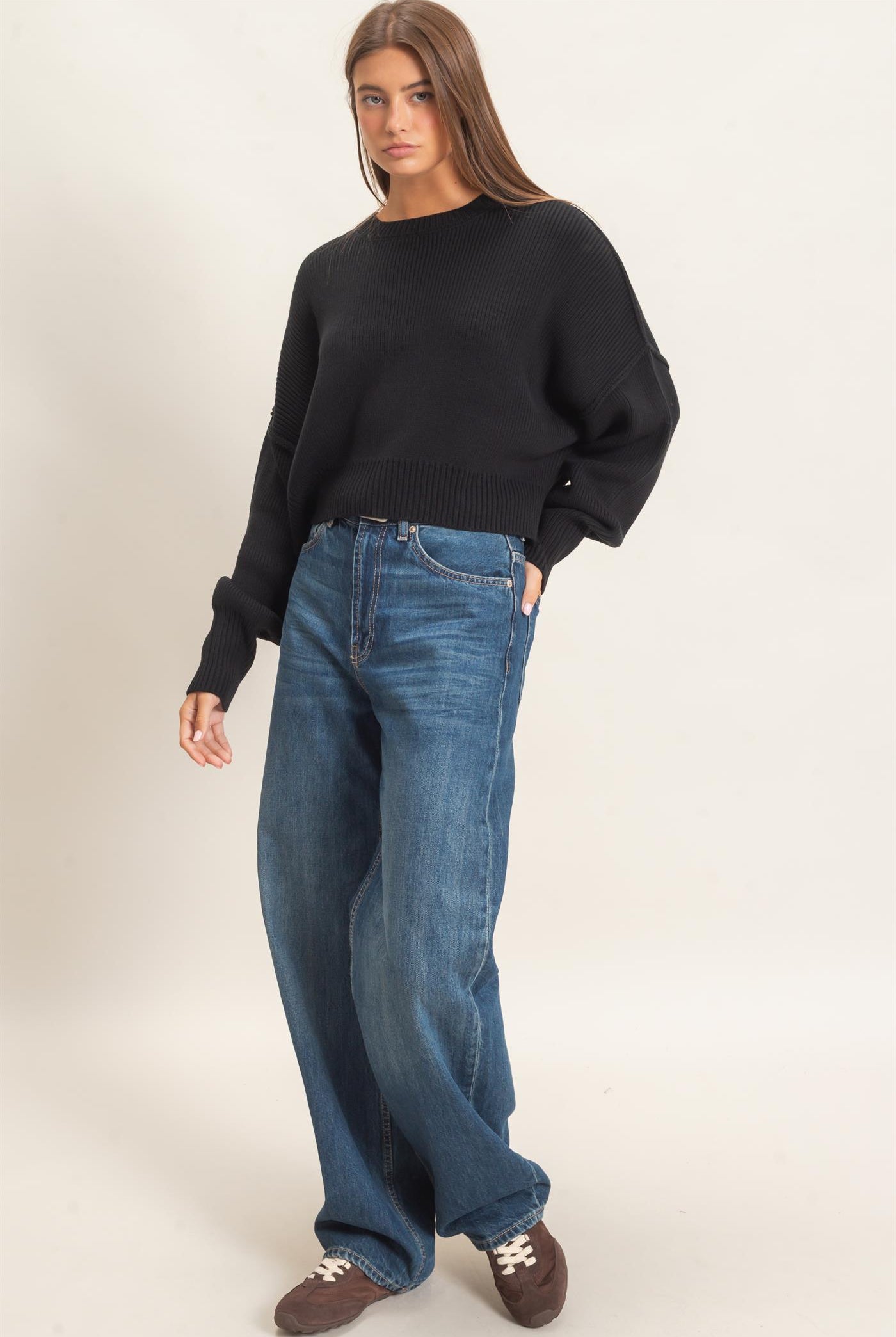 Wholesale Ribbed Drop Shoulder Sweater Sweaters DZ26C982 BLACK DOUBLE ZERO