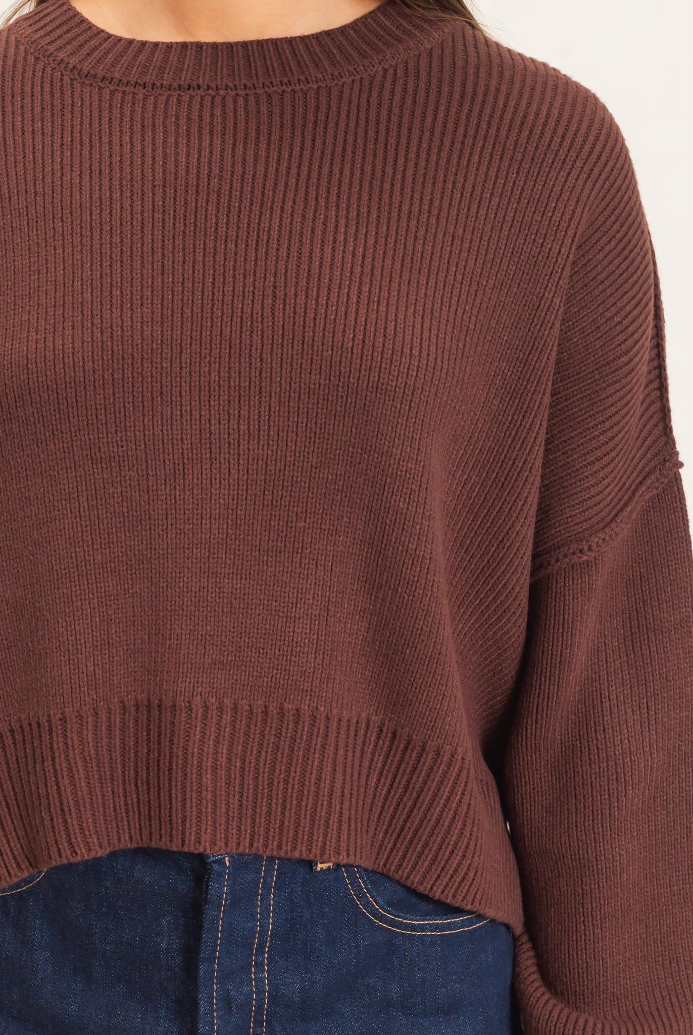 Wholesale Ribbed Drop Shoulder Sweater Sweaters DZ26C982 DARK BROWN DOUBLE ZERO