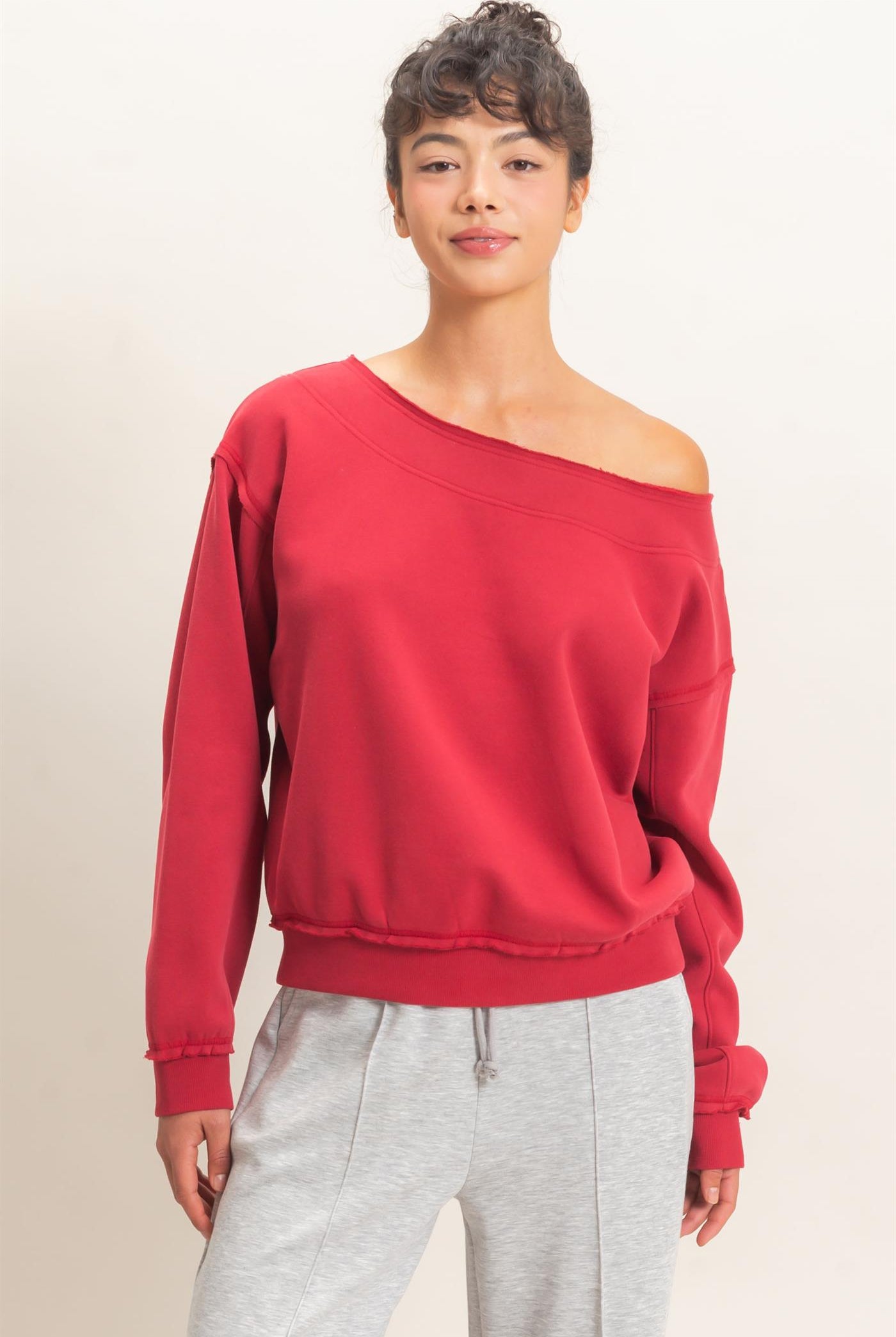 Wholesale Off Shoulder Sweatshirt Sweatshirts DZ26C880 DARK RED DOUBLE ZERO