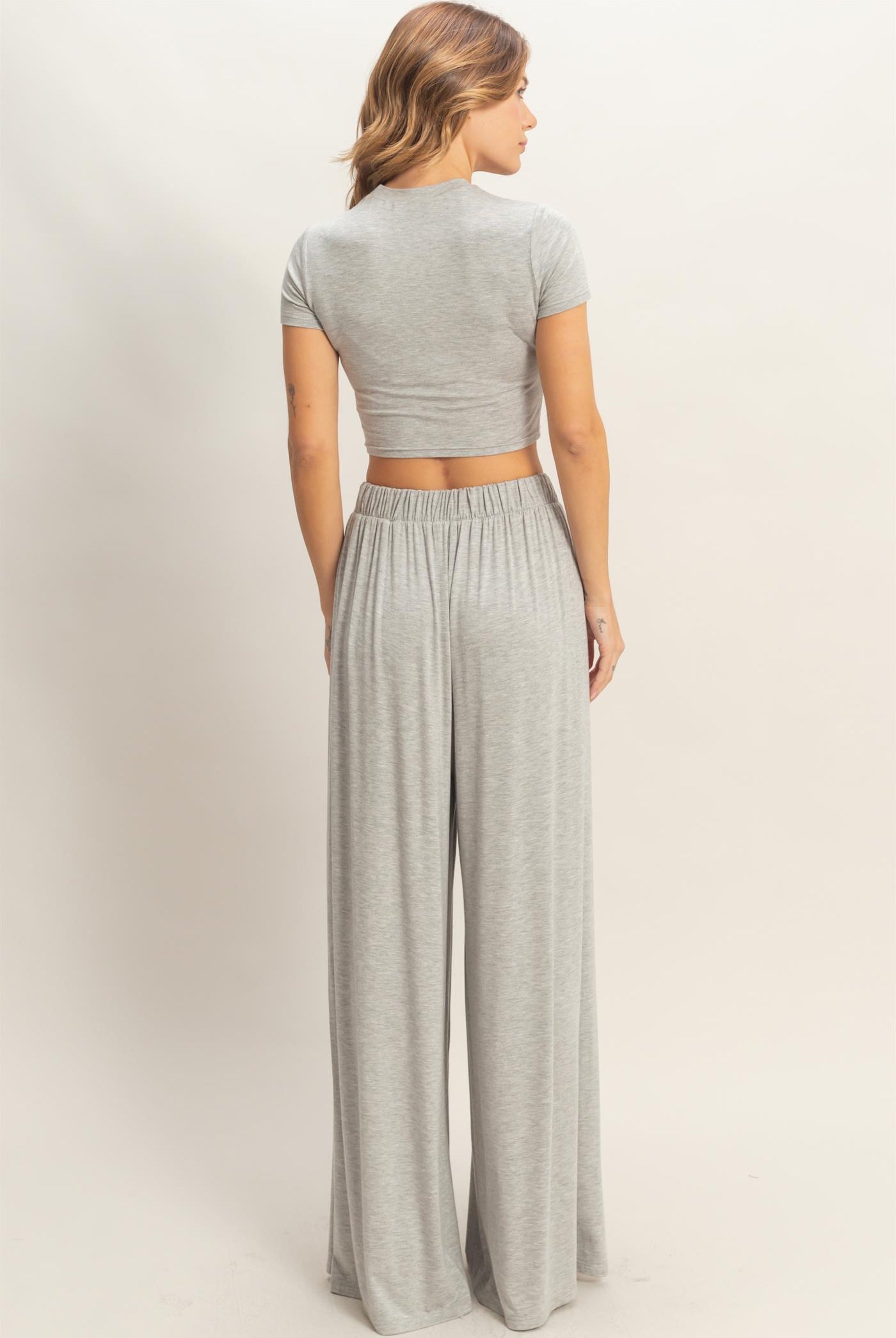 Wholesale Short Sleeve Top & Wide Leg Pants Set Clothing HF26C310-SET-D H.GRAY HYFVE