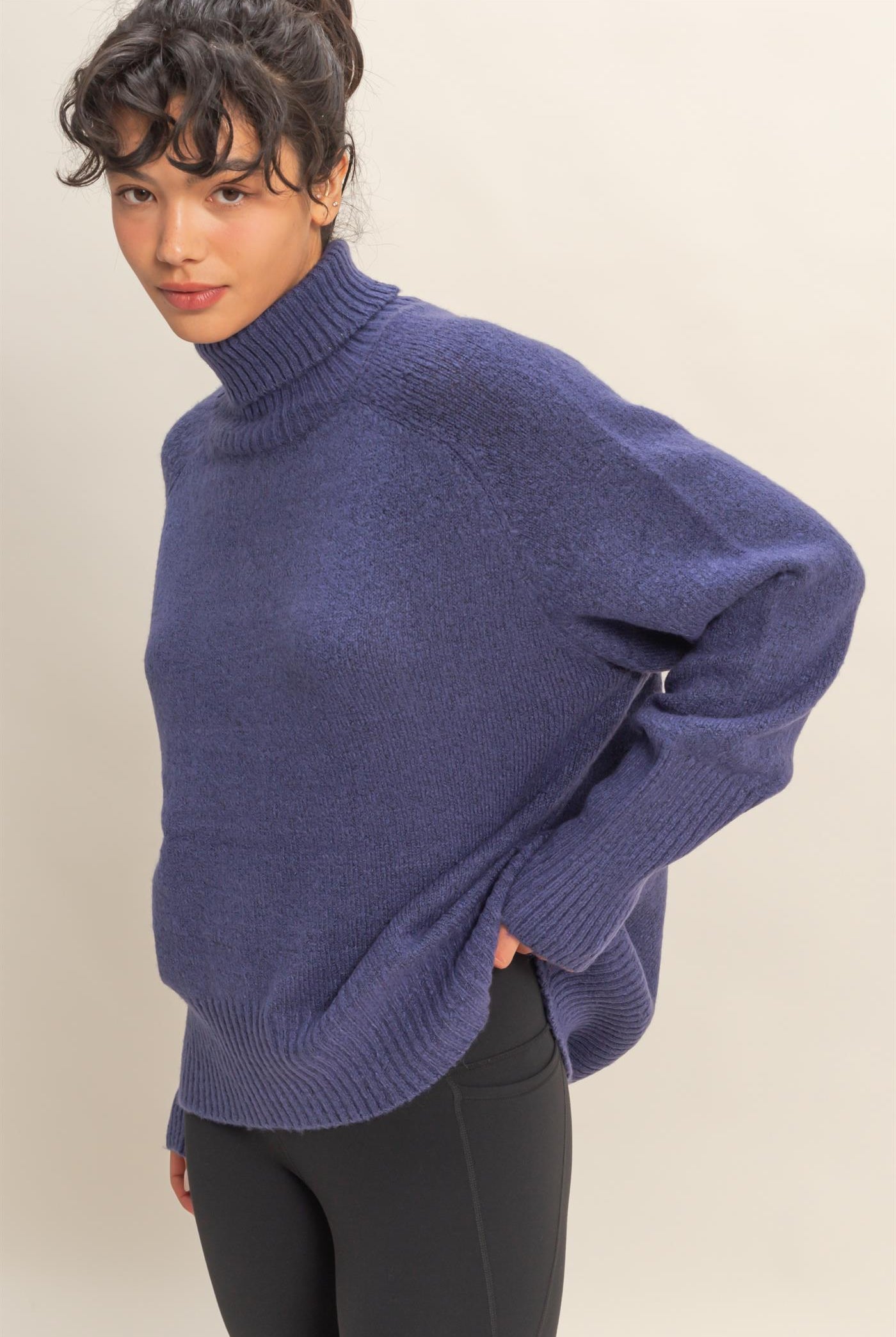 Wholesale Oversized High Low Turtleneck Sweater Sweaters DZ25C943 DUSTY INDIGO DOUBLE ZERO