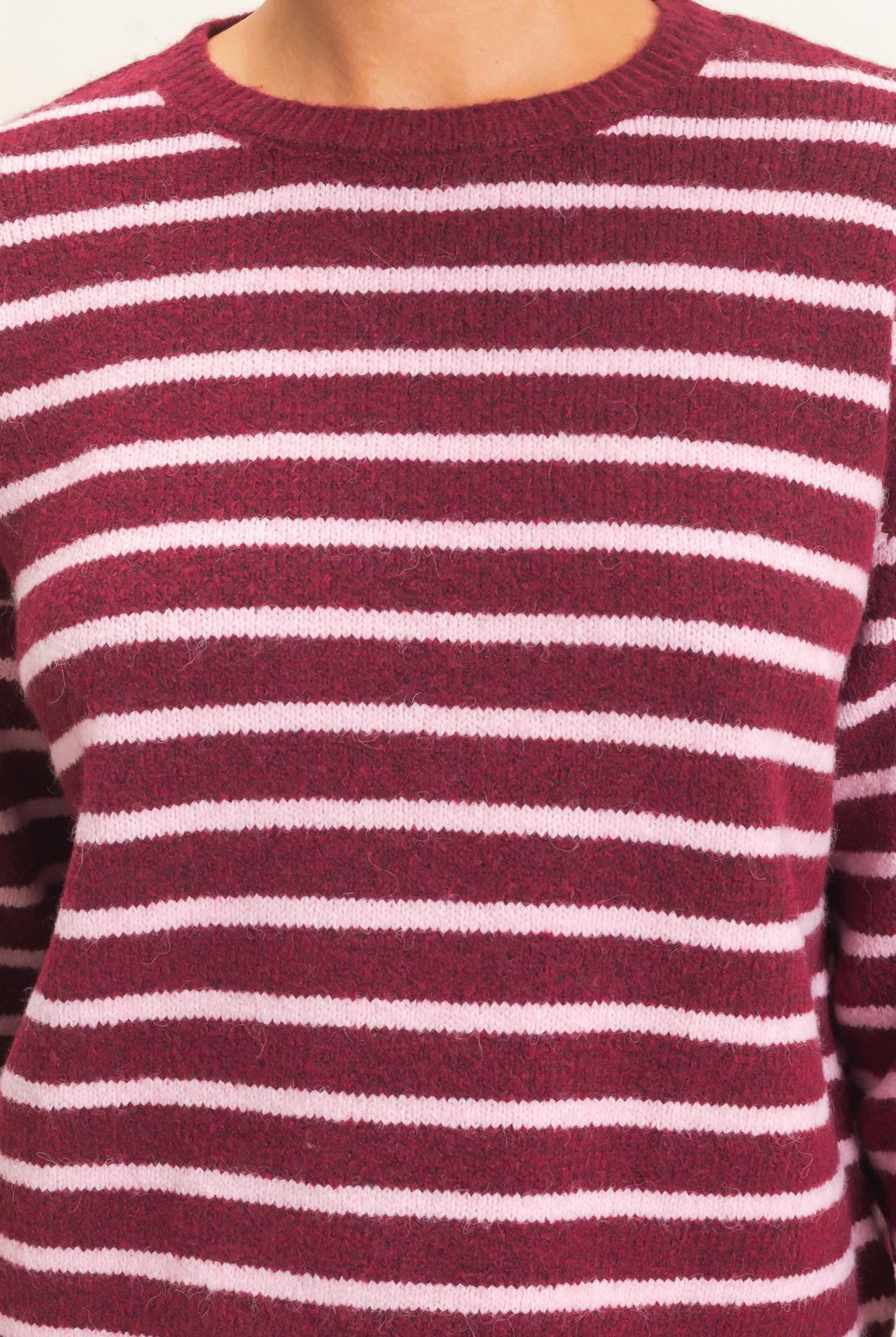 Wholesale Striped Crew Neck Sweater Sweaters DZ26C612 DARK CHERRY DOUBLE ZERO