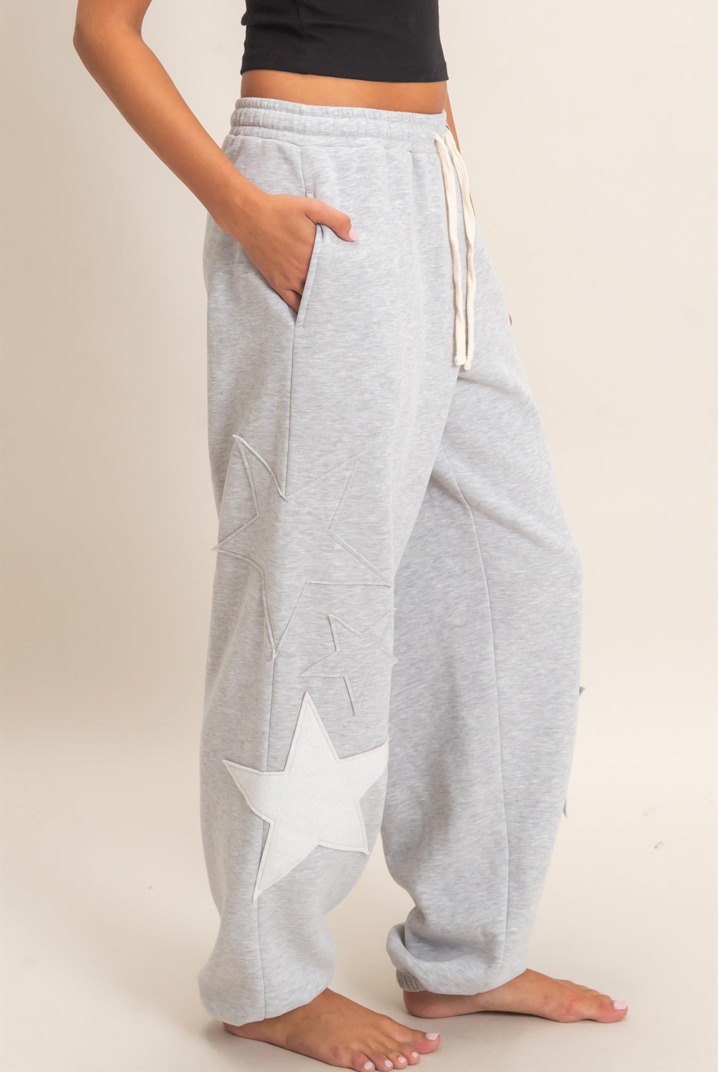 Wholesale Star Patch Jogger Pants Joggers DZ26E889 HEATHER GRAY DOUBLE ZERO