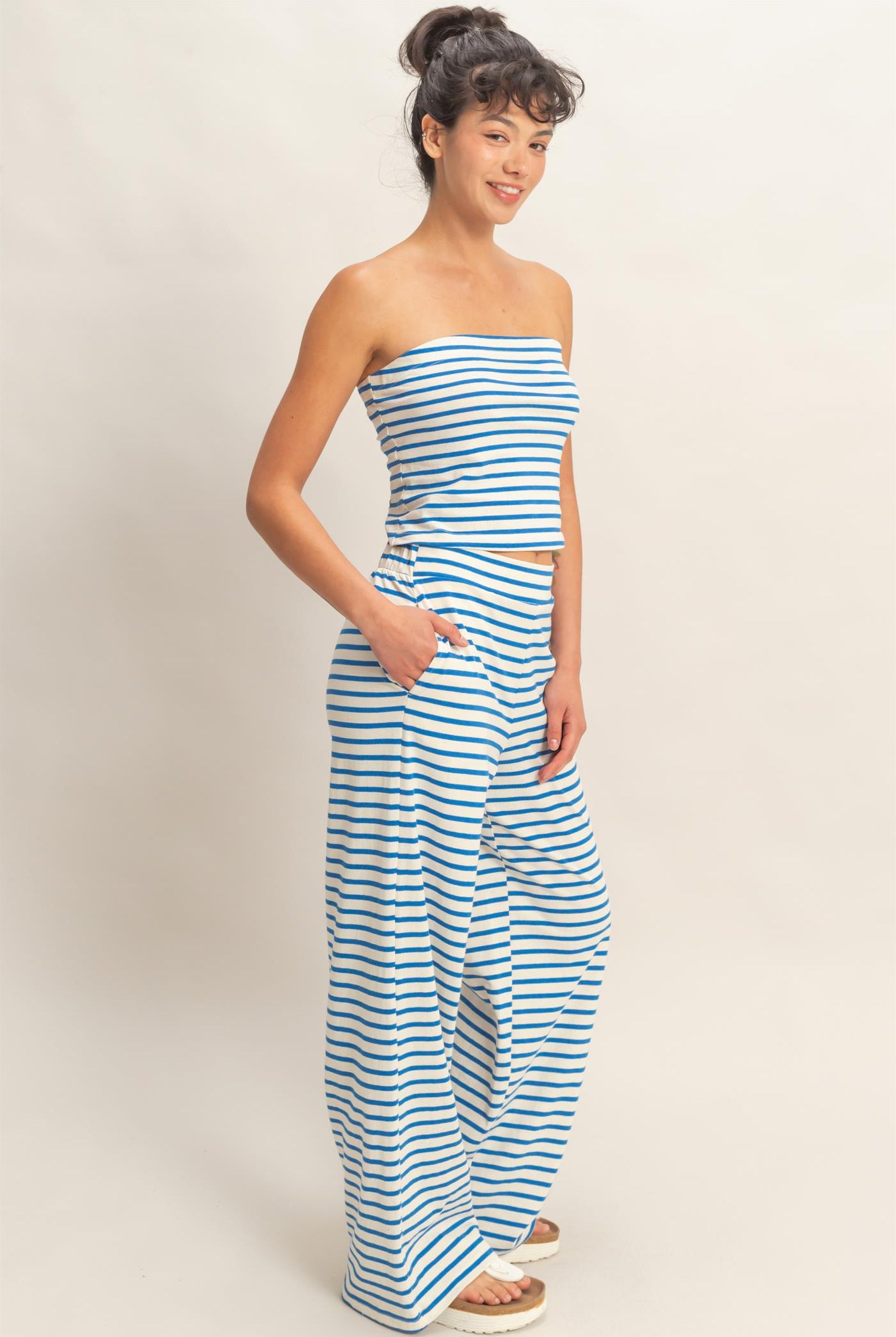 Wholesale Striped Jersey Tube Top And Pants Set Clothing DZ26C621-SET BLUE DOUBLE ZERO