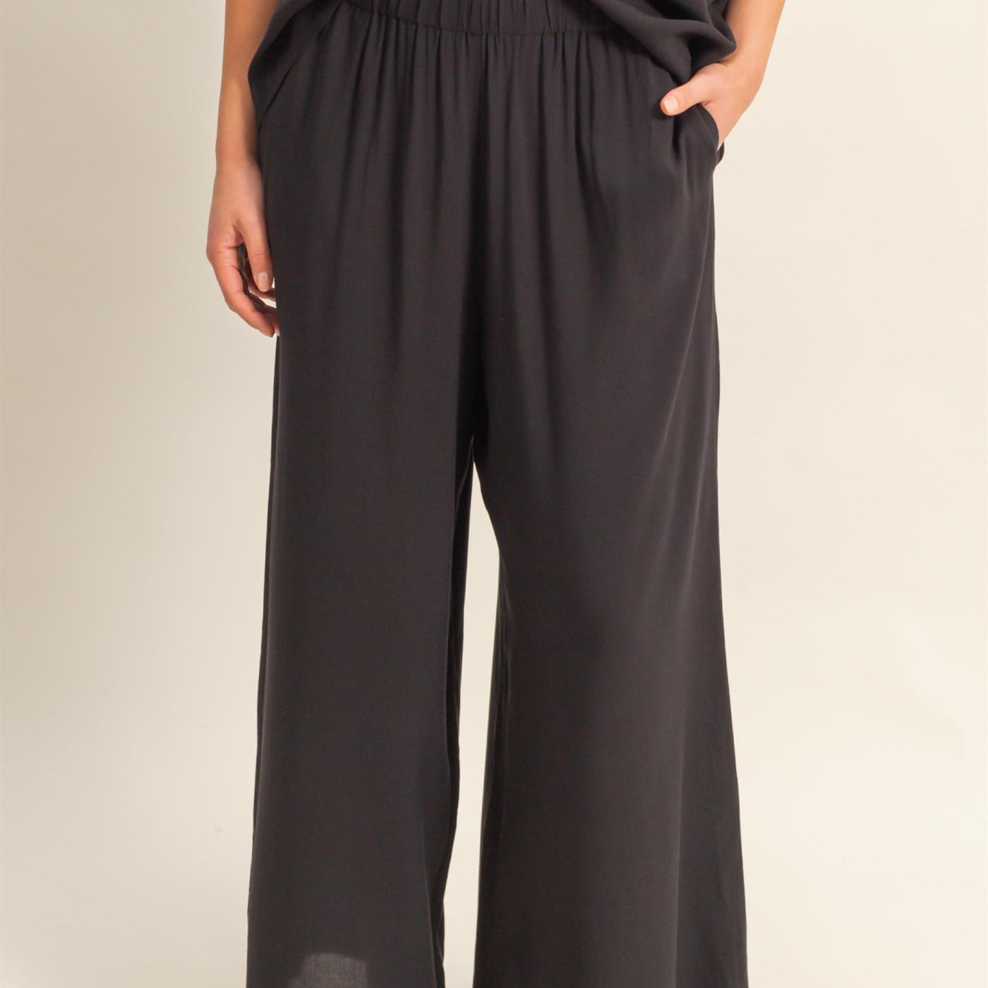 Wholesale High Waist Woven Wide Leg Pants Pants DZ25C192 BLACK DOUBLE ZERO