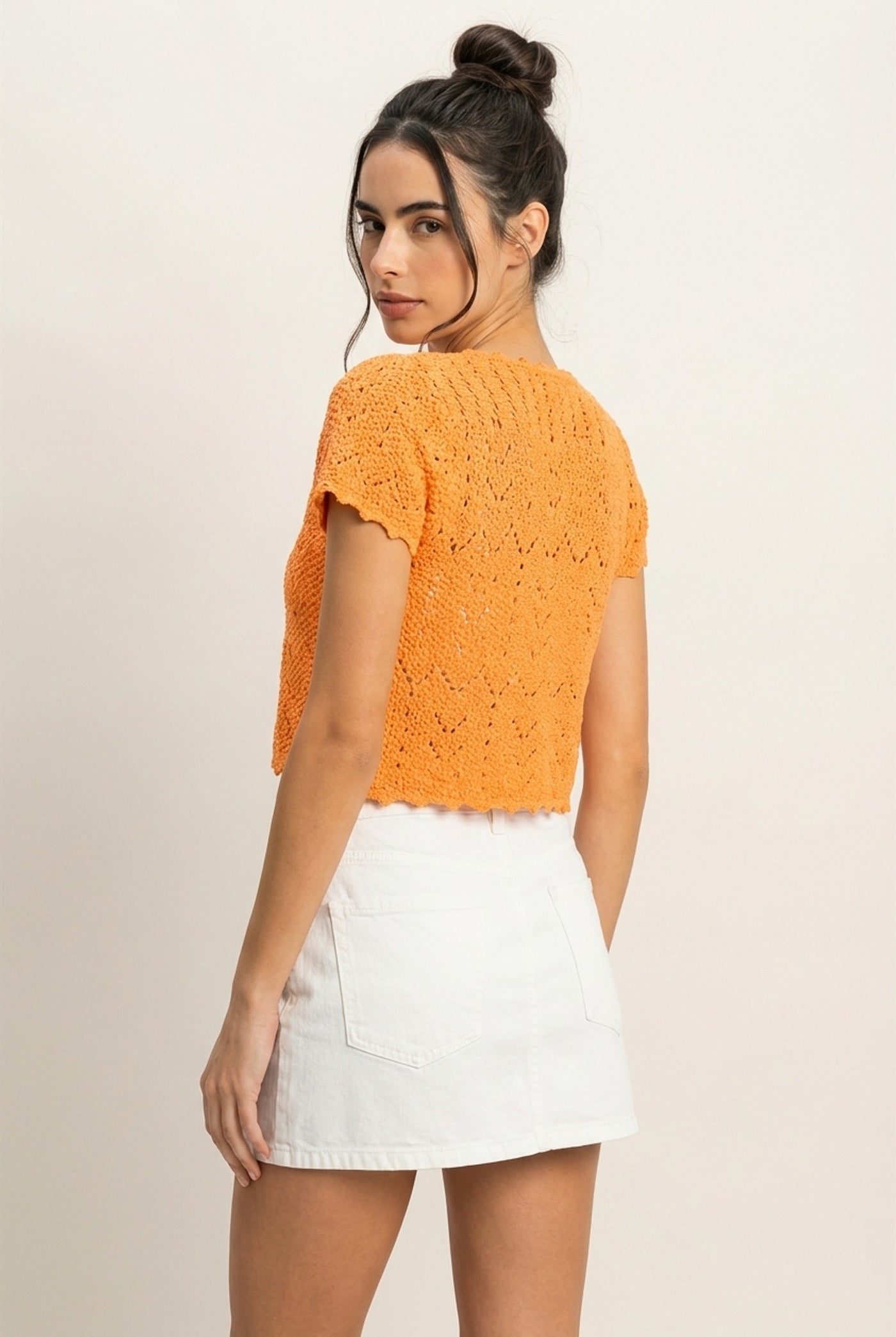 Wholesale Pointelle Tie Front Knit Cardigan Clothing Tops DZ24C268 ORANGE DOUBLE ZERO