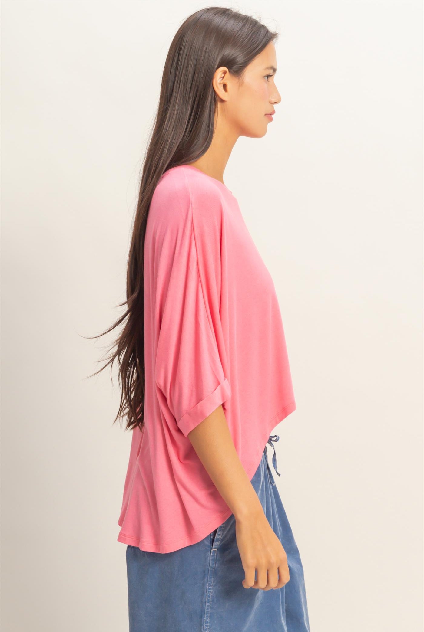 Wholesale Relaxed High-Low Batwing Sleeve Top Shirts DZ26A742 TAFFY PINK DOUBLE ZERO