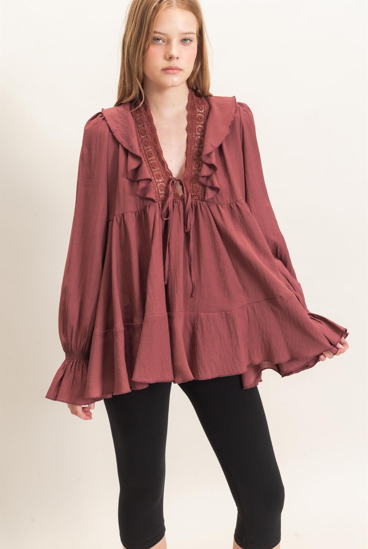 Wholesale Ruffle Lace Tie Neck Blouse Tunics HF26E642 MAROON HYFVE