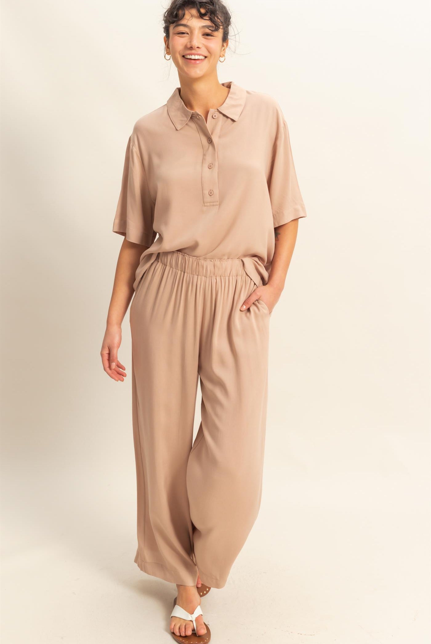 Wholesale High Waist Woven Wide Leg Pants Pants DZ25C192 DARK TAUPE DOUBLE ZERO