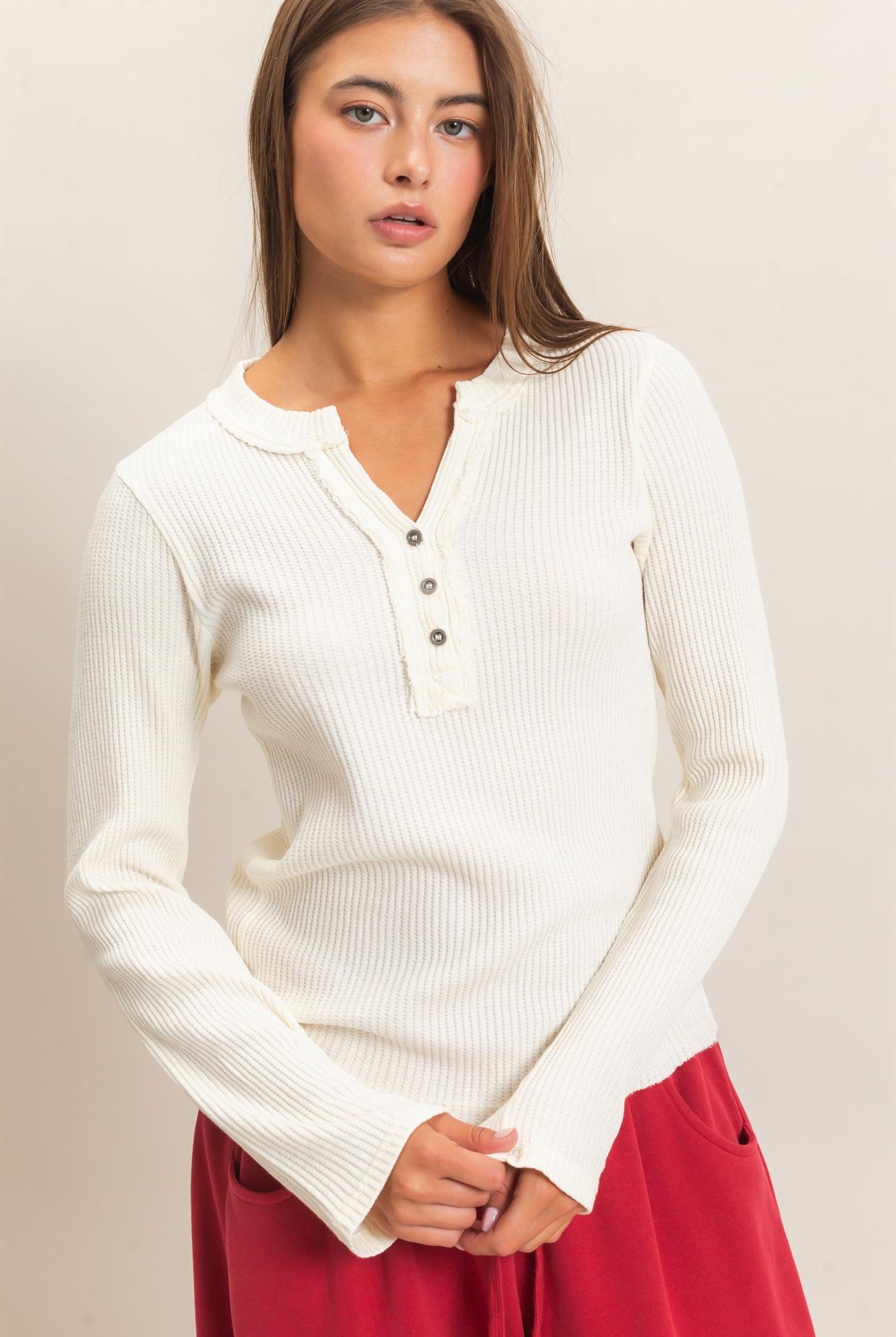 Wholesale Mineral Wash Waffle Henley Long Sleeve Top Clothing Tops DZ26E243 CREAM DOUBLE ZERO