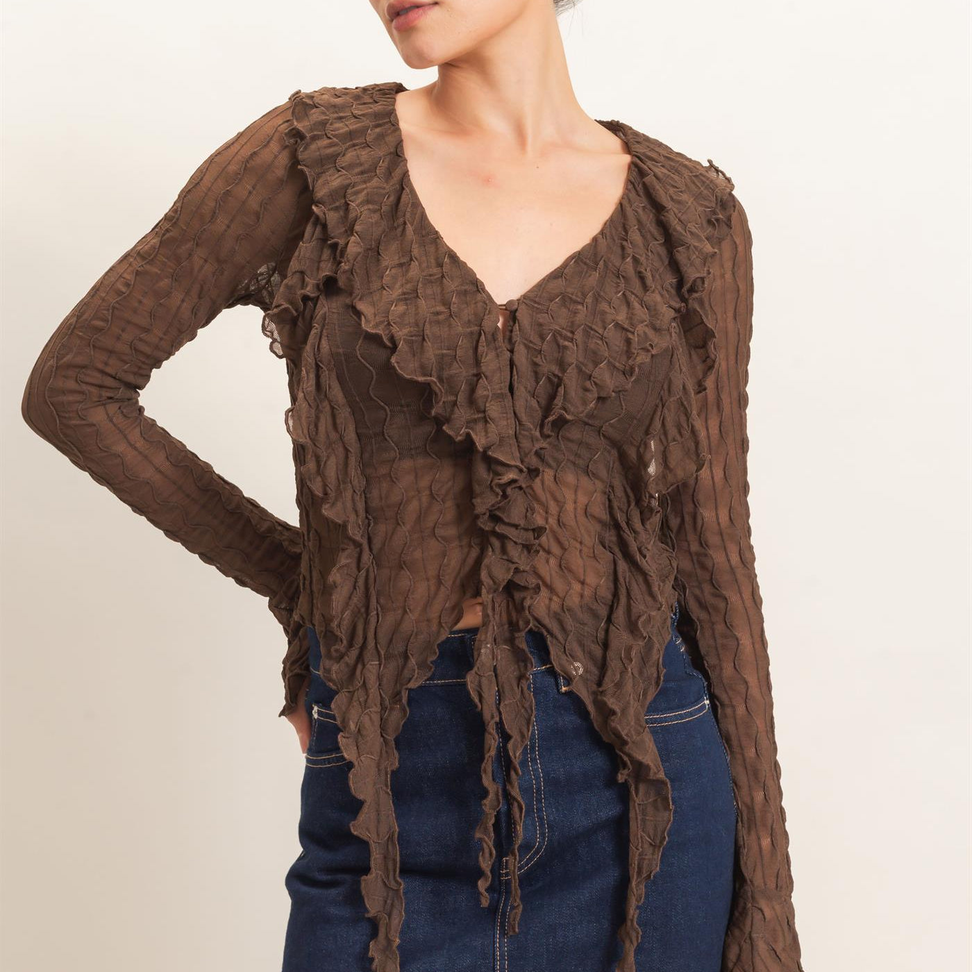 Wholesale Textured V-Neck Tie Front Top Blouses HF26F072 BROWN HYFVE