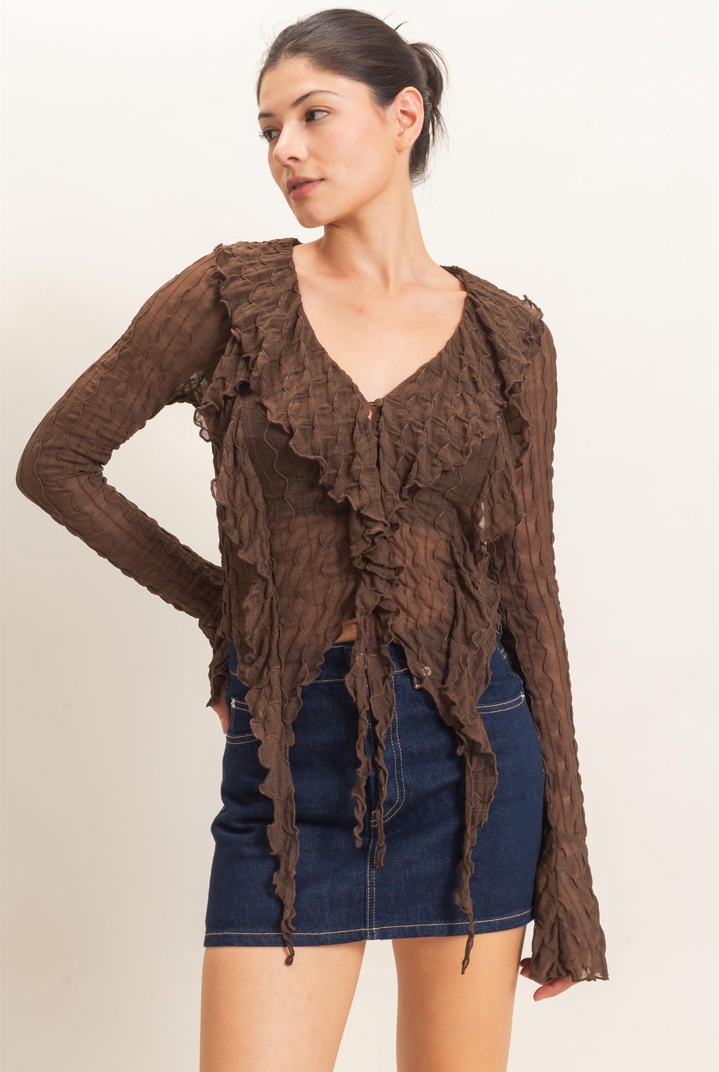 Wholesale Textured V-Neck Tie Front Top Blouses HF26F072 BROWN HYFVE