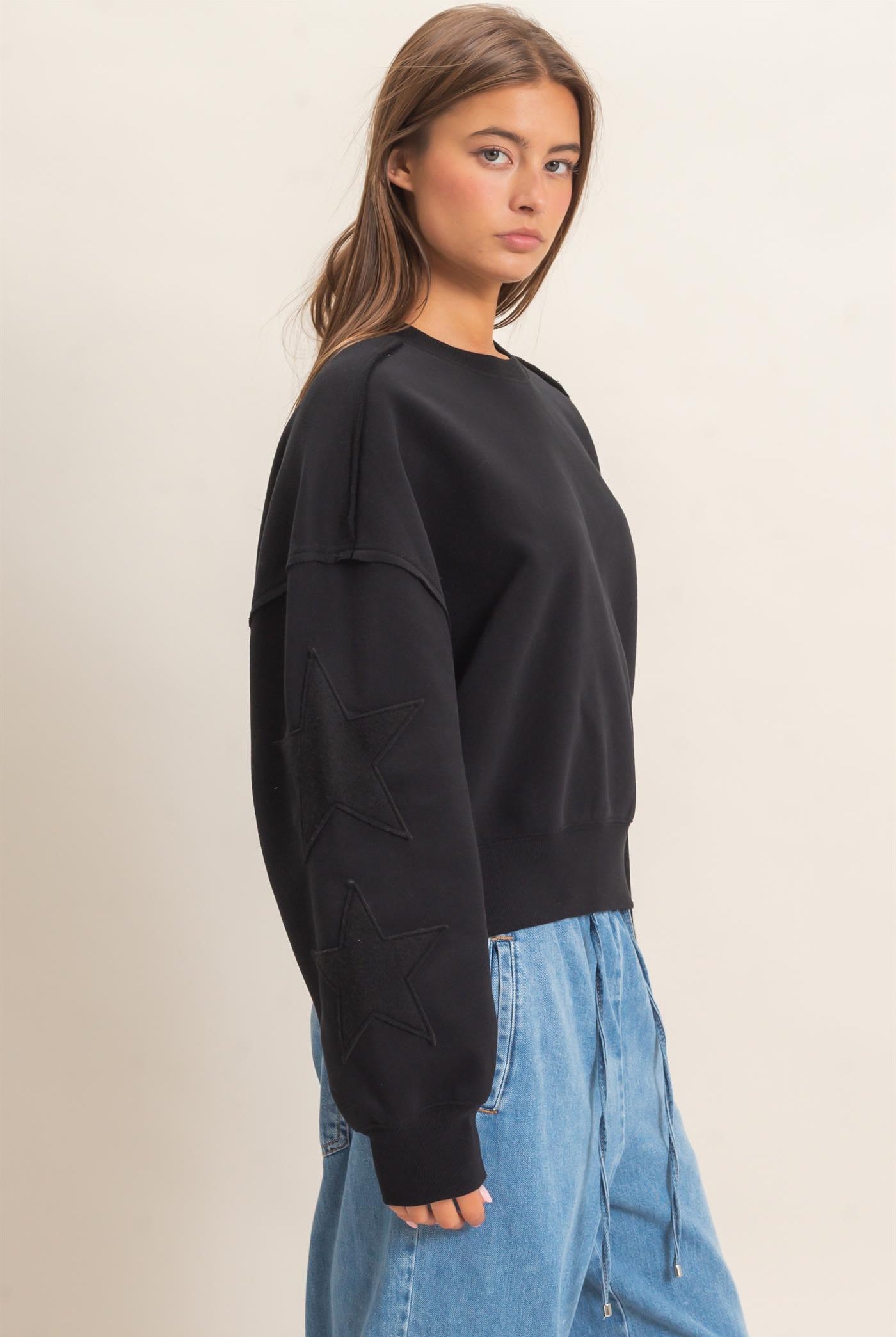 Wholesale Star Patch Sleeve Sweatshirt Sweatshirts DZ26E888 BLACK DOUBLE ZERO