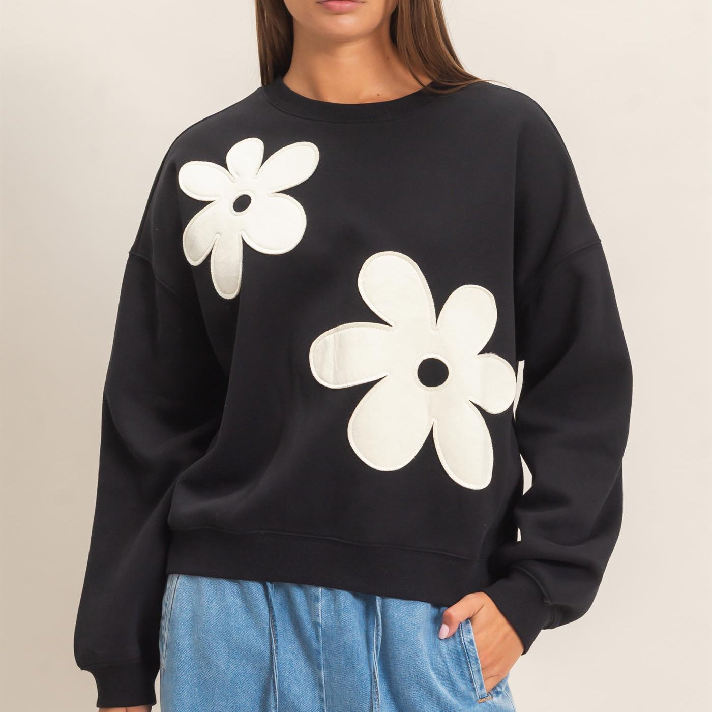 Wholesale Floral Applique Crew Neck Sweatshirt Sweatshirts DZ26E708 BLACK DOUBLE ZERO