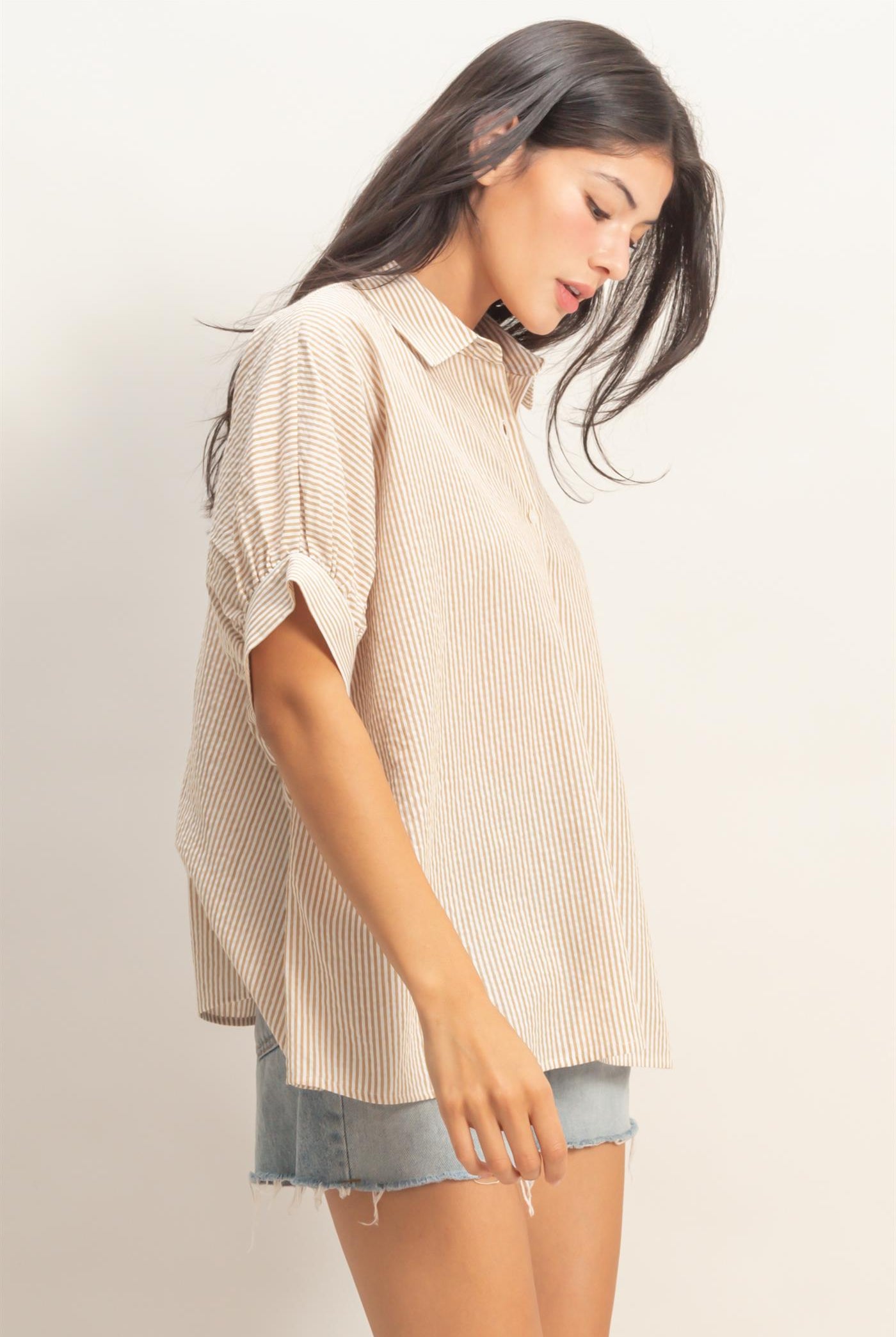 Wholesale Striped Short Sleeve Button-Front Blouse T-Shirts DZ26C276 TAUPE DOUBLE ZERO