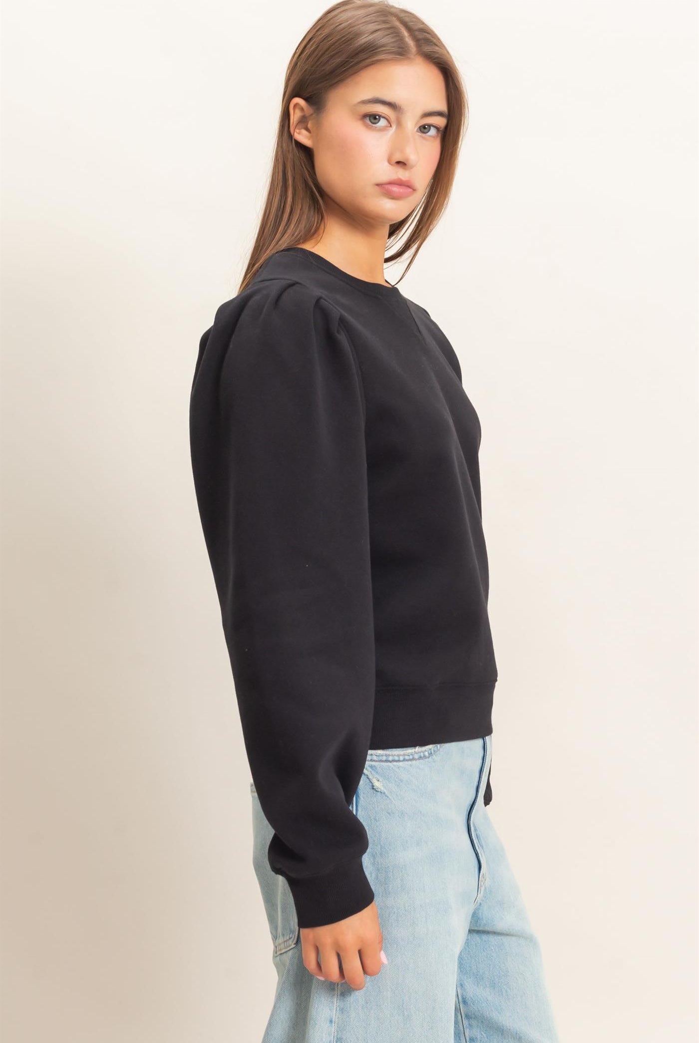 Wholesale Puff Sleeve Crew Neck Sweatshirt Sweatshirts DZ26E110 BLACK DOUBLE ZERO
