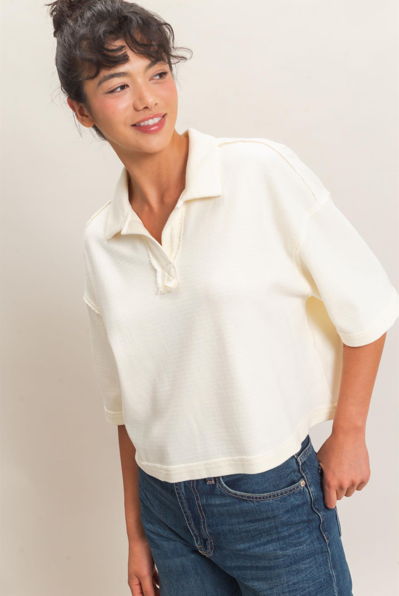 Wholesale Mineral Wash Oversized Collar Short Sleeve Top Clothing Tops DZ26E813 CREAM DOUBLE ZERO