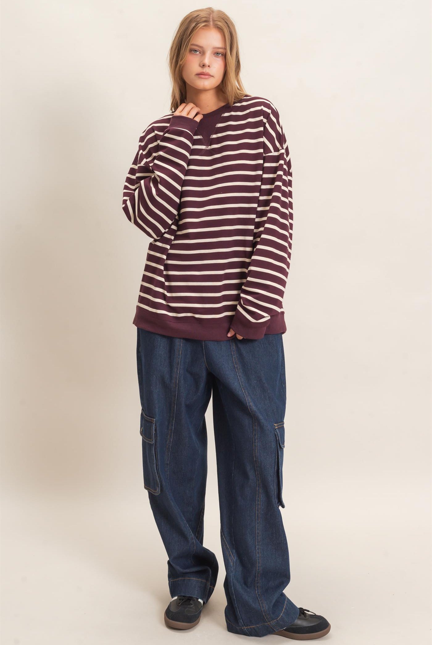 Wholesale Striped Long Sleeve Pullover Sweatshirts HF26F077 RASPBERRY/ECRU HYFVE