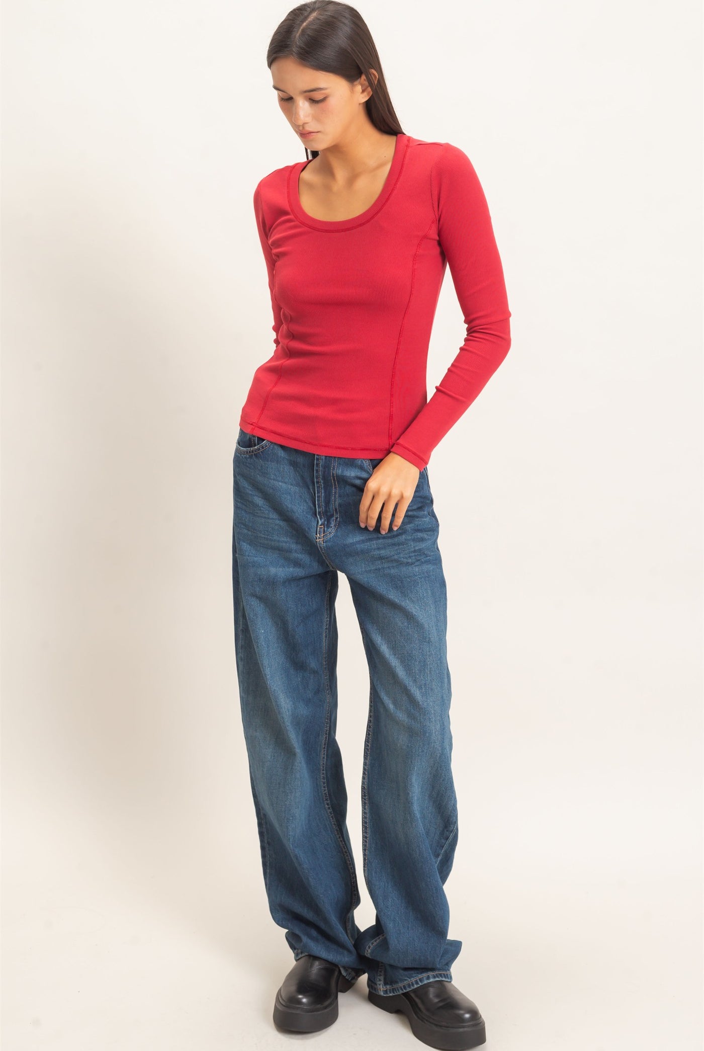 Wholesale Pigment Dye Seam Detail Scoop Neck Top Clothing Tops DZ26E242 DARK RED DOUBLE ZERO