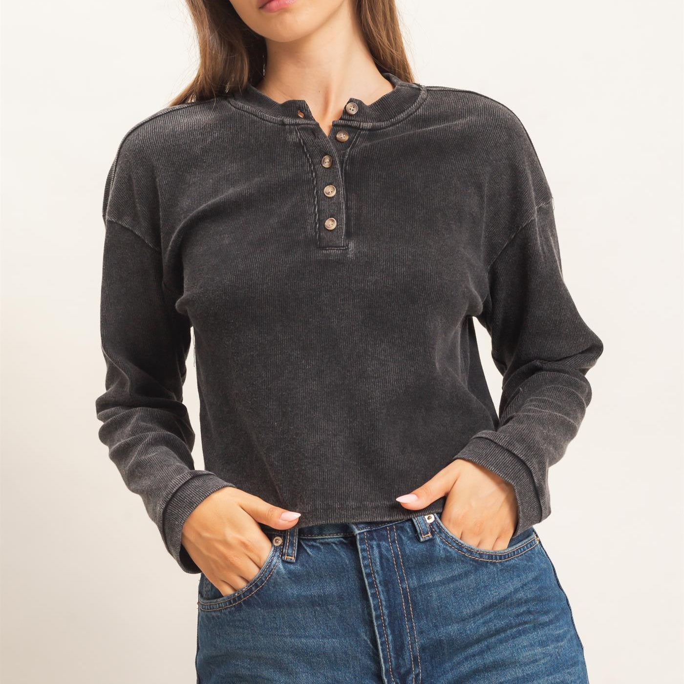 Wholesale Buttoned Henley Top Clothing Tops HF26F081 BLACK HYFVE