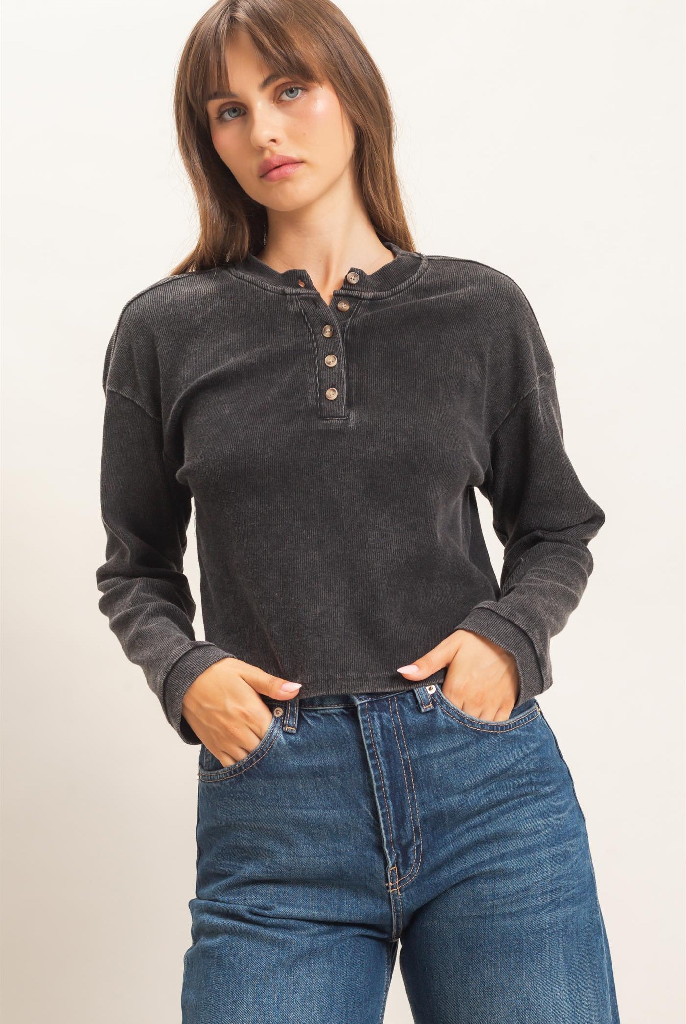 Wholesale Buttoned Henley Top Clothing Tops HF26F081 BLACK HYFVE